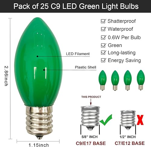 Miniatura 2 de SUNSGNE Paquete de 25 bombillas LED C9 de repuesto verdes de Navidad, luces LED C9 inastillables de plástico para exteriores, para luces de cadena