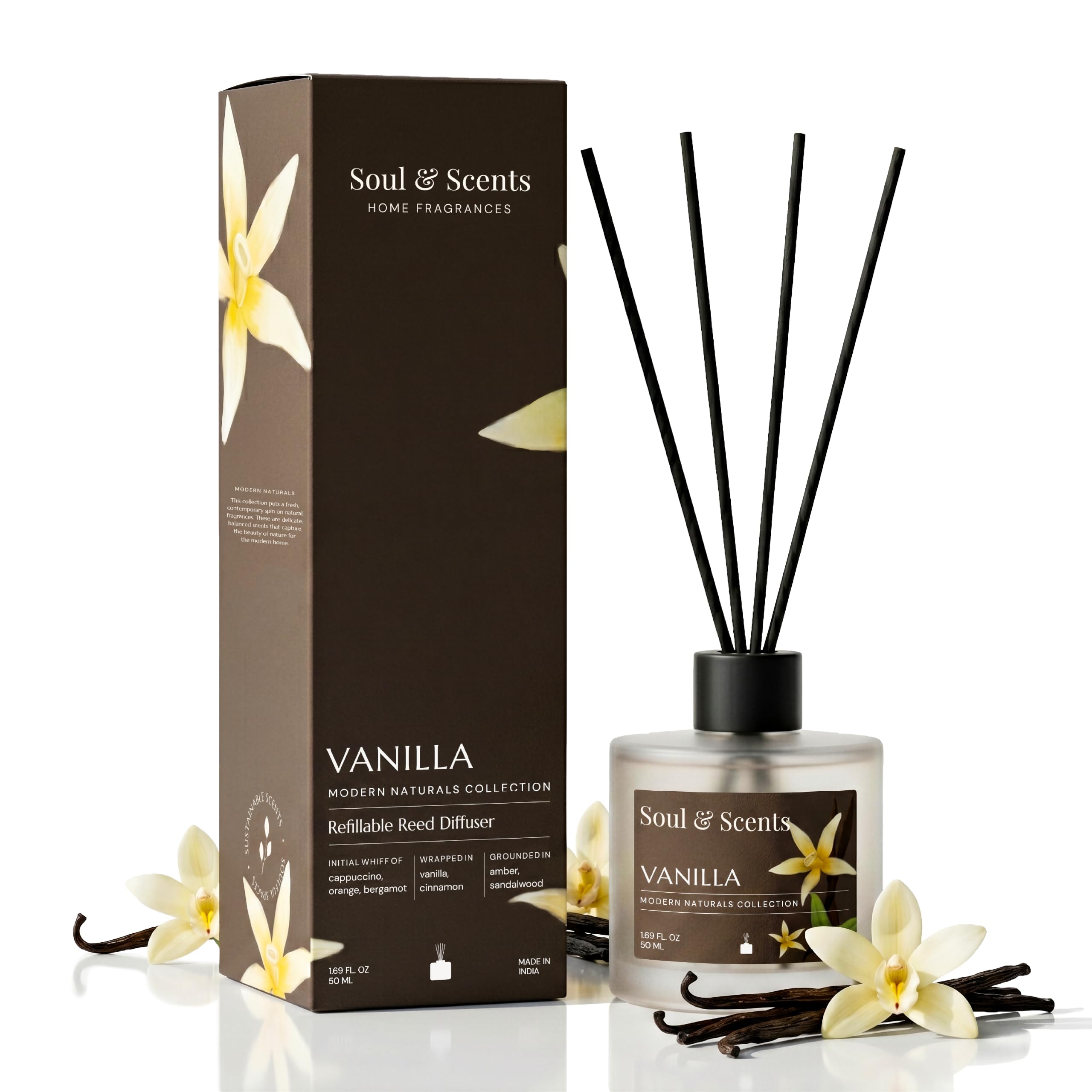 Soul & Scents 50ml Vanilla Reed Diffuser Set | Blend of Toasted Coconut, Vanilla & Musk | Get 5 Rattan Reed Sticks | Smoke Less Room Freshener for Home, Bedroom, Living Room & Office
