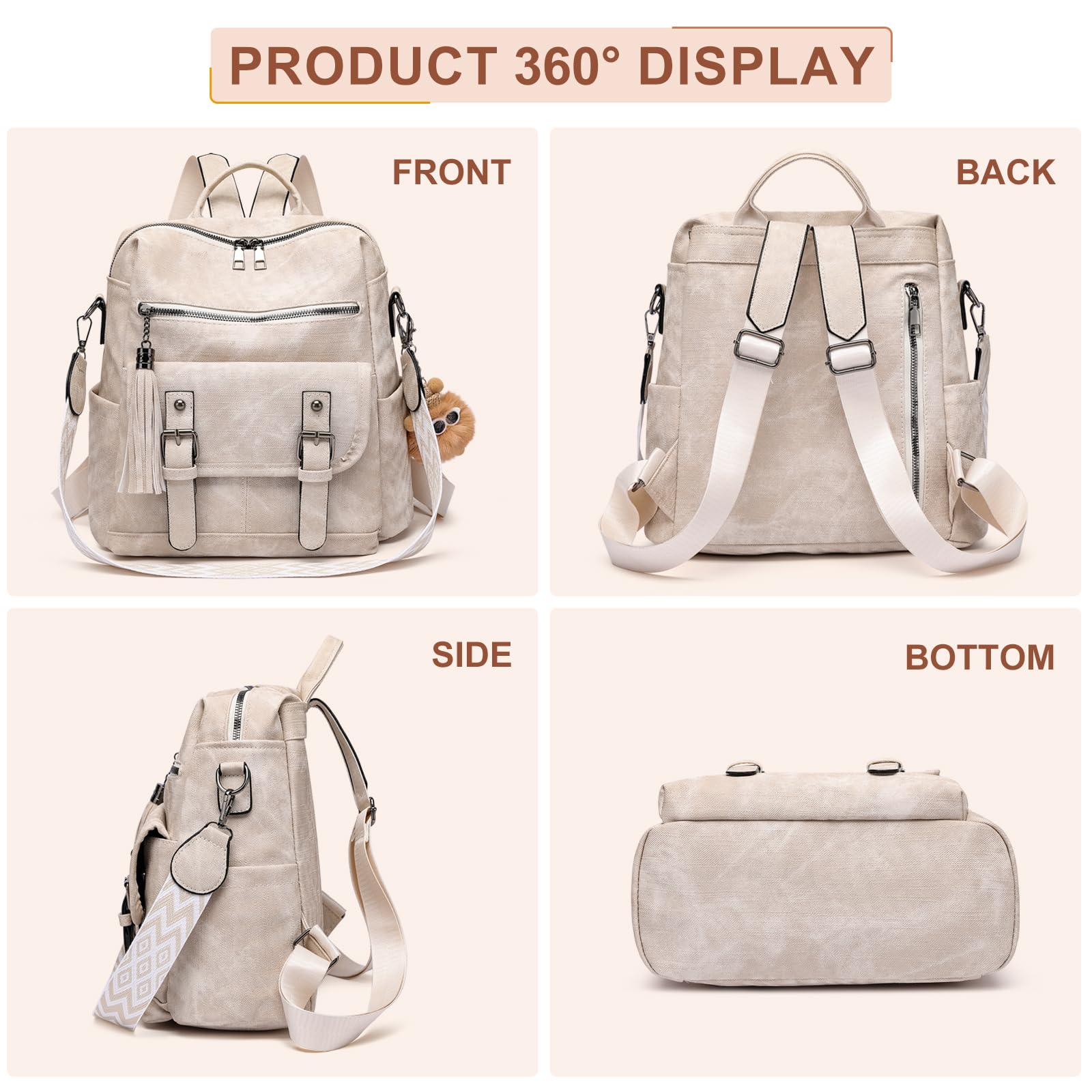 Sac à Dos Femme Antivol en Cuir Vegan, Multifonctionnel Sac Bandoulière Sacs à Main Femme Convertible avec Pendentif Amovible, Backpack pour Travail Voyage L'École Université Collège Shopping