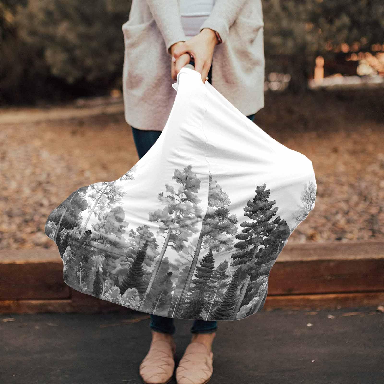 Nursing Cover for Breastfeeding Scarf, Gray Pine Tree Forest Watercolor Modern Art Baby Car Covers Super Soft Multi Use for Canopy Shopping Cart Cover Blanket Stroller Cover
