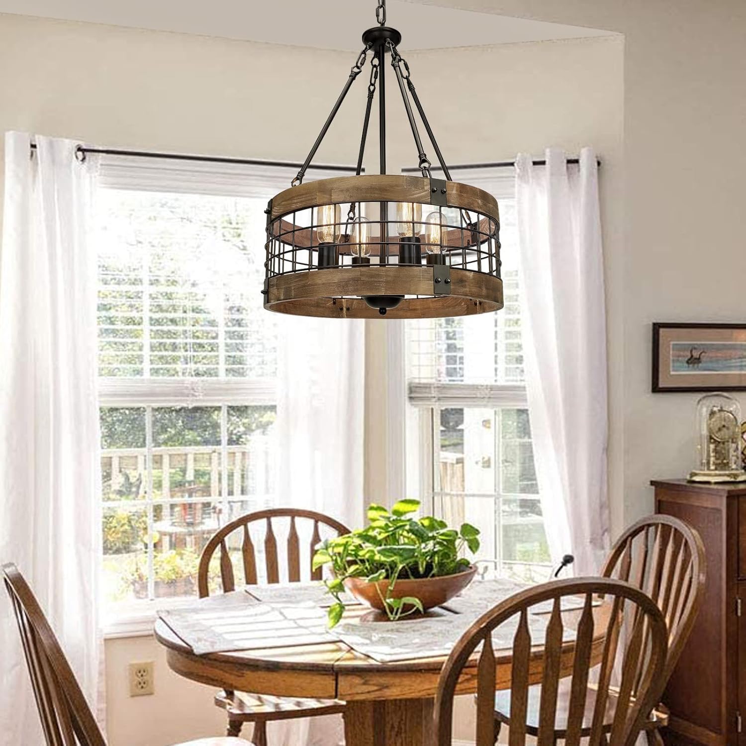 Farmhouse Rustic Chandelier Light Fixture, 4-Light Round Hanging Pendant Lighting for Dining Room Entryway Kitchen Island Foyer Breakfast Area, Black Wood and Black Metal Finish