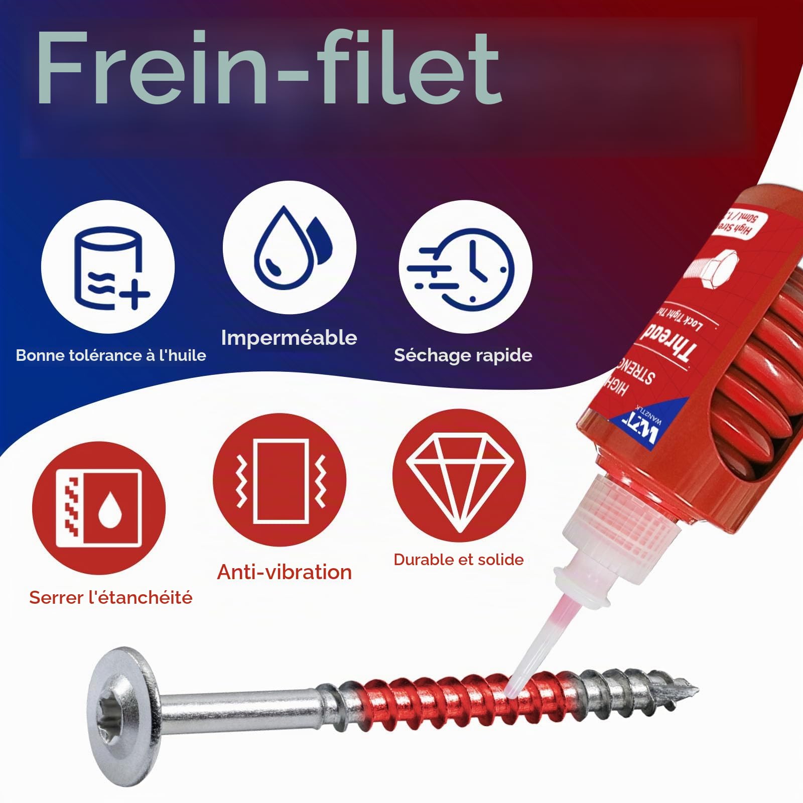Frein Filet 100ml, Moyenne et Haute Intensité Frein Filet Bleu Antirouille et Anti-Lâche, Frein Filet Fort Pour Combler les Espaces Et Serrer les Boulons, écrous, Bouteille Ronde