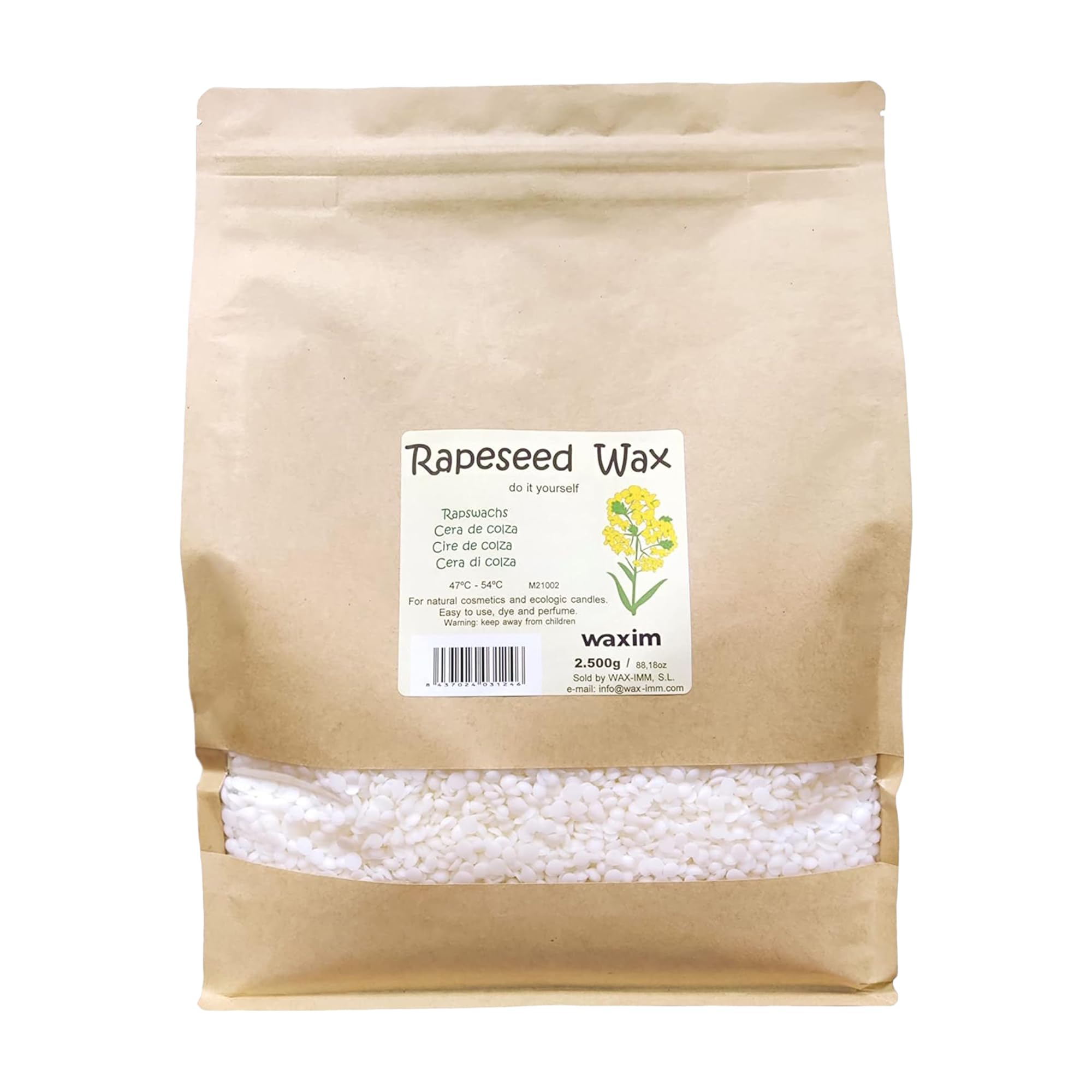 WAXIM Cera di olio di colza per candele 2500 g – Perle bianche, naturali, vegane, senza paraffina, cera per candele fatte in casa, fai da te, candele artigianali, granuli di cera e candele natural