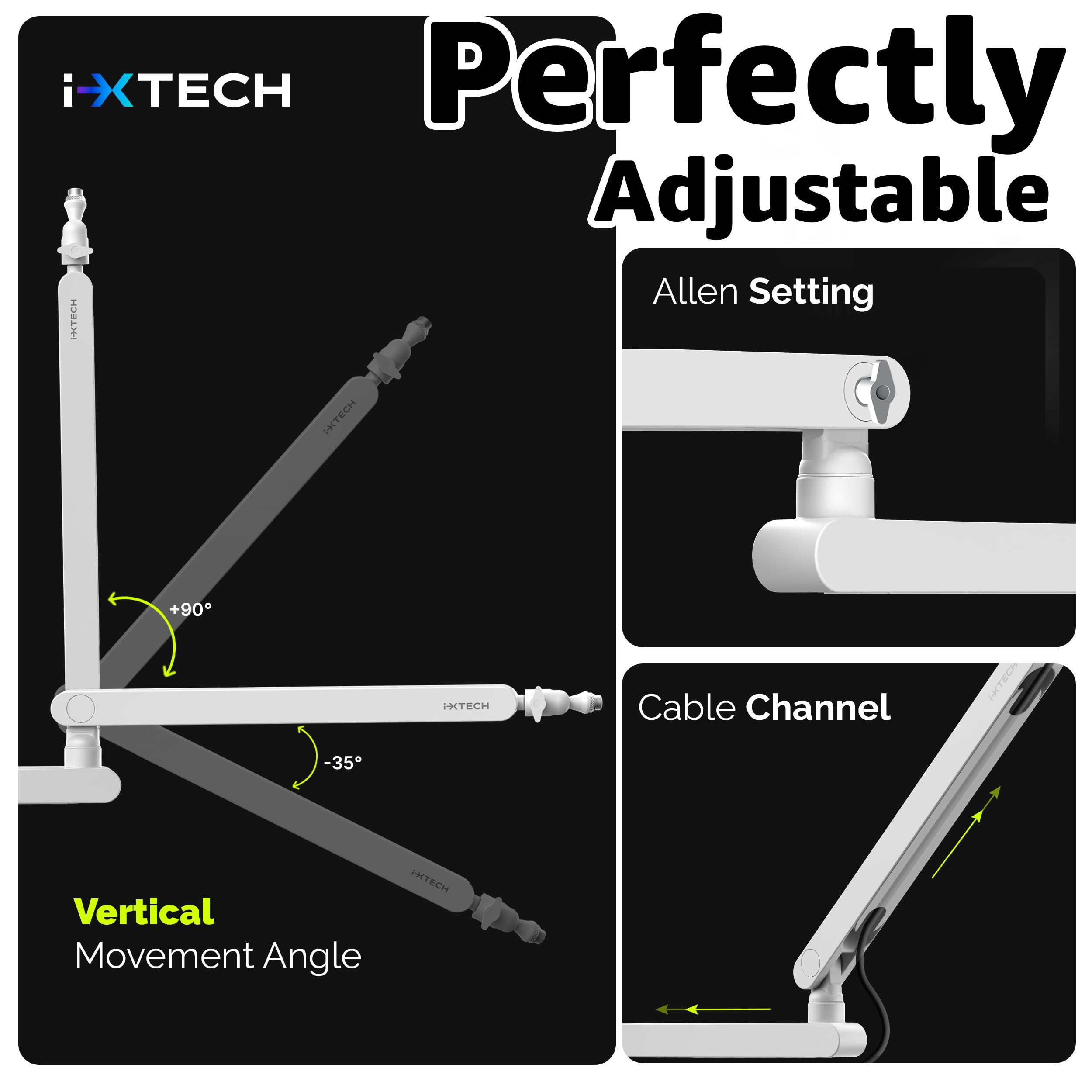 IXTECH Bras de microphone blanc à profil bas réglable avec gestion des câbles intégrée, bras pivotant à 360 °.