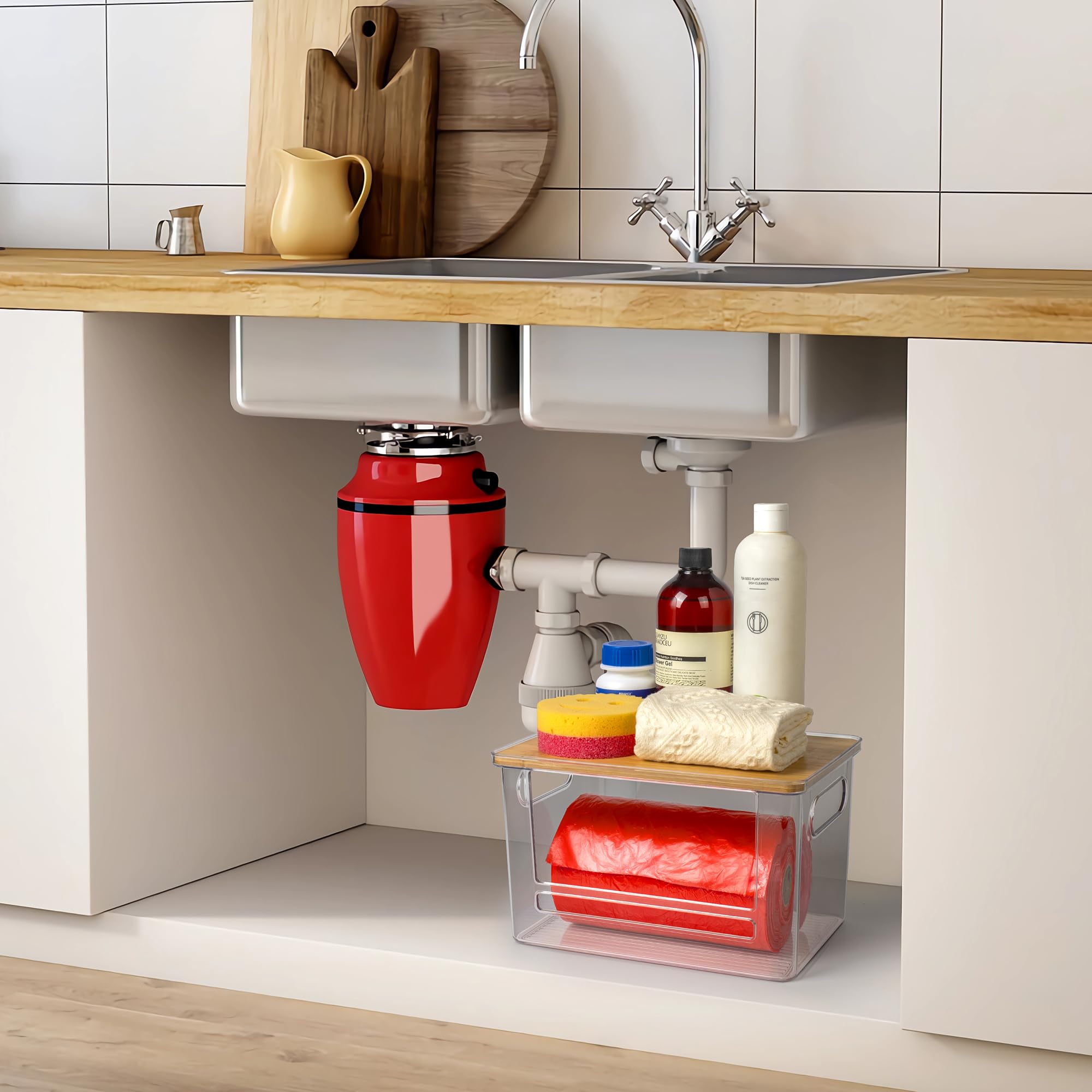 Dispensador de bolsas de basura apilable con parte superior de bambú, soporte extragrande para bolsas de basura con base antideslizante, dispensador de bolsas de basura debajo del fregadero