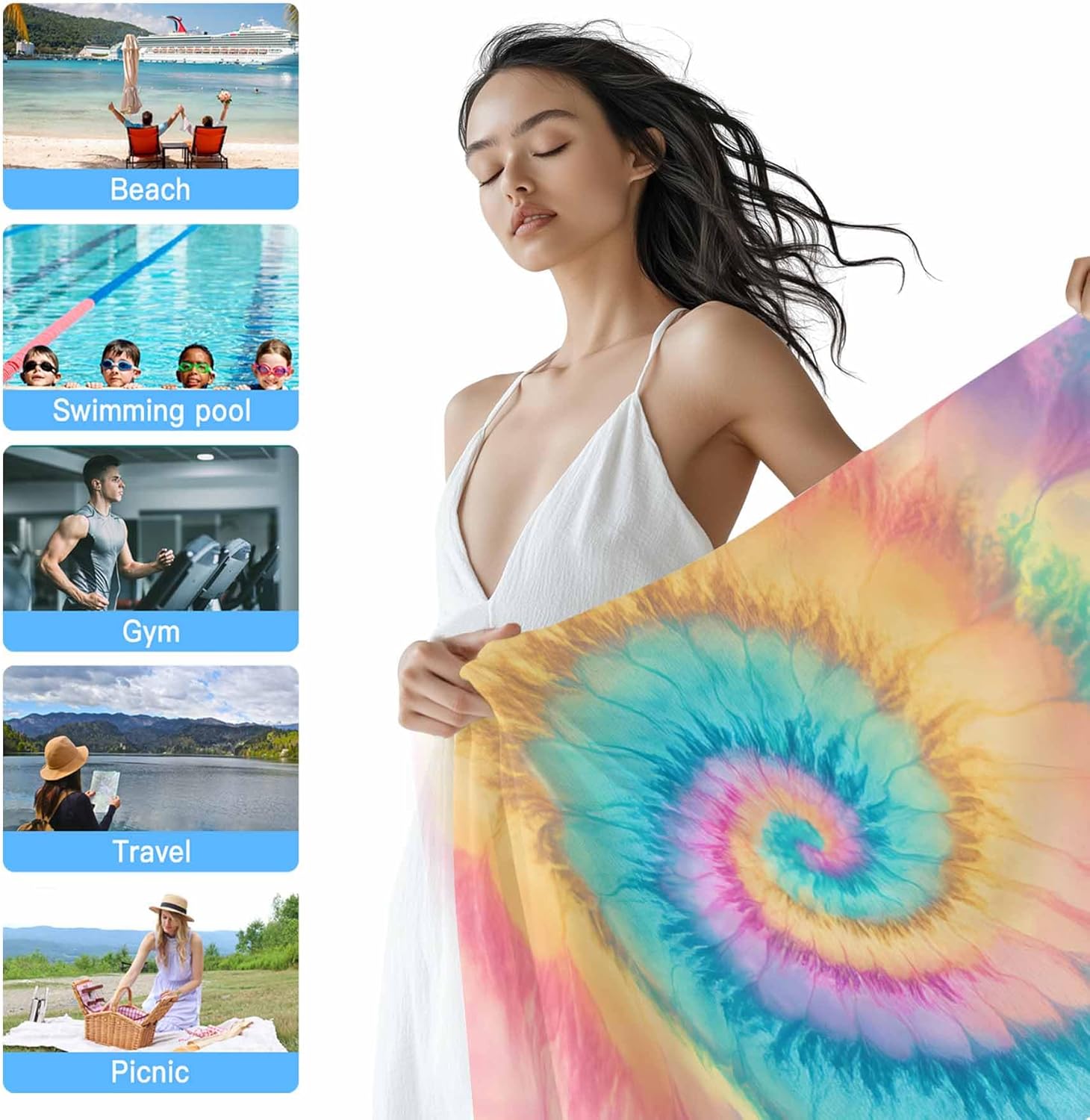 Abstract Tie-Dye Art Beach Towel 35" x 71" Pink Cyan Quick Dry Sand Free Pool Towels Soft & Absorbent Compact Towels Beach Accessories for Travel Bathroom Swimming Pool