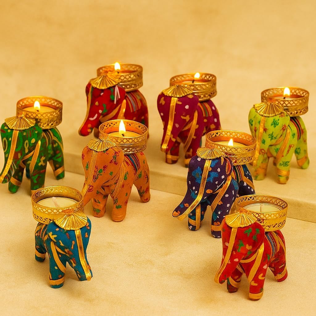 Elephant Tealight Candle Holder Set of 6 | Handmade Multicolor Diya Stand for Diwali Decoration, Christmas, Festival & Home Décor | Decorative Elephant T-Light Candle Holder