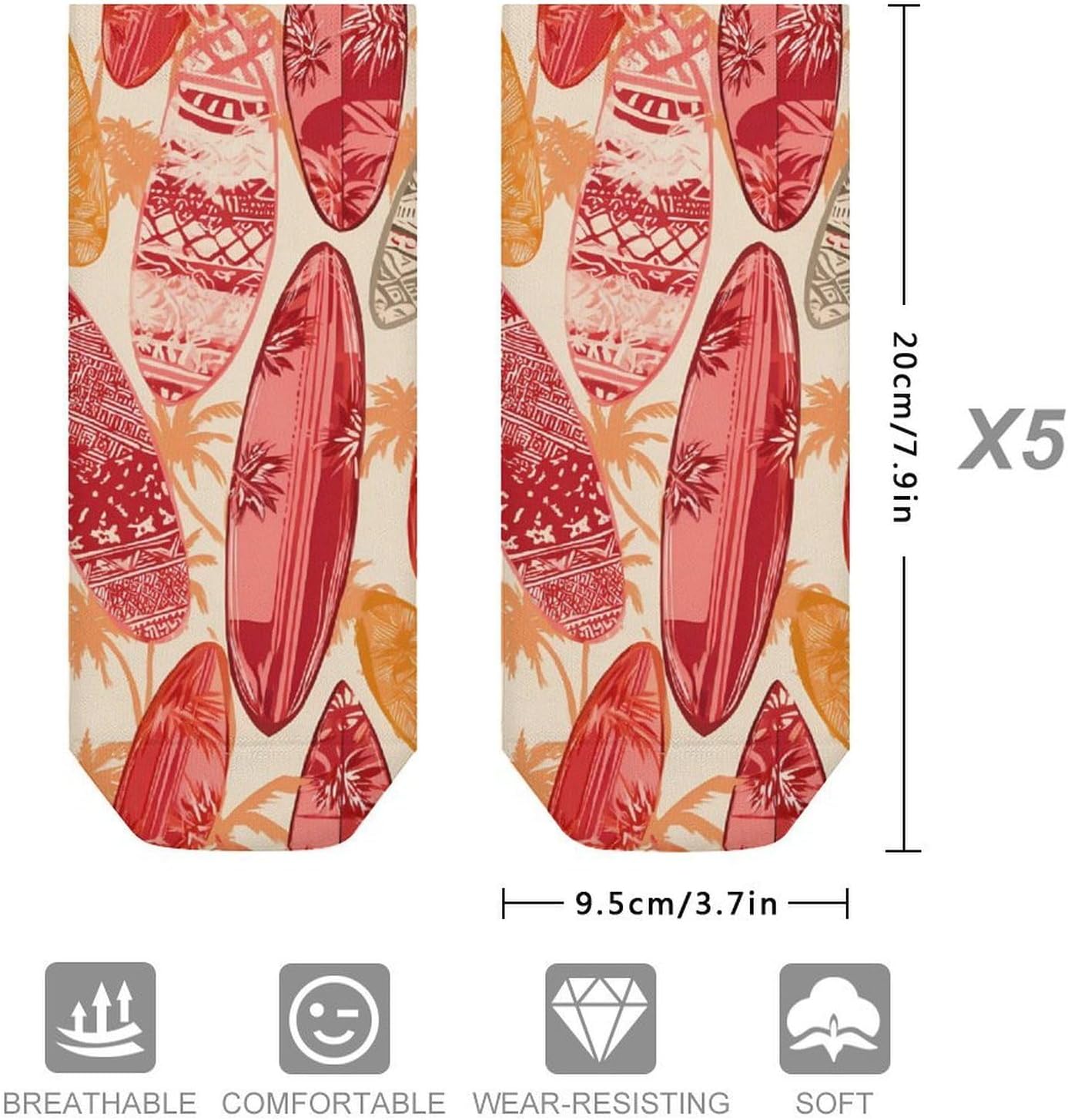 Surfboards Surfing Hawaiian Florals No Show Ankle Socks Low Cut Non Slip Flat Boat Line 5 Pairs Set