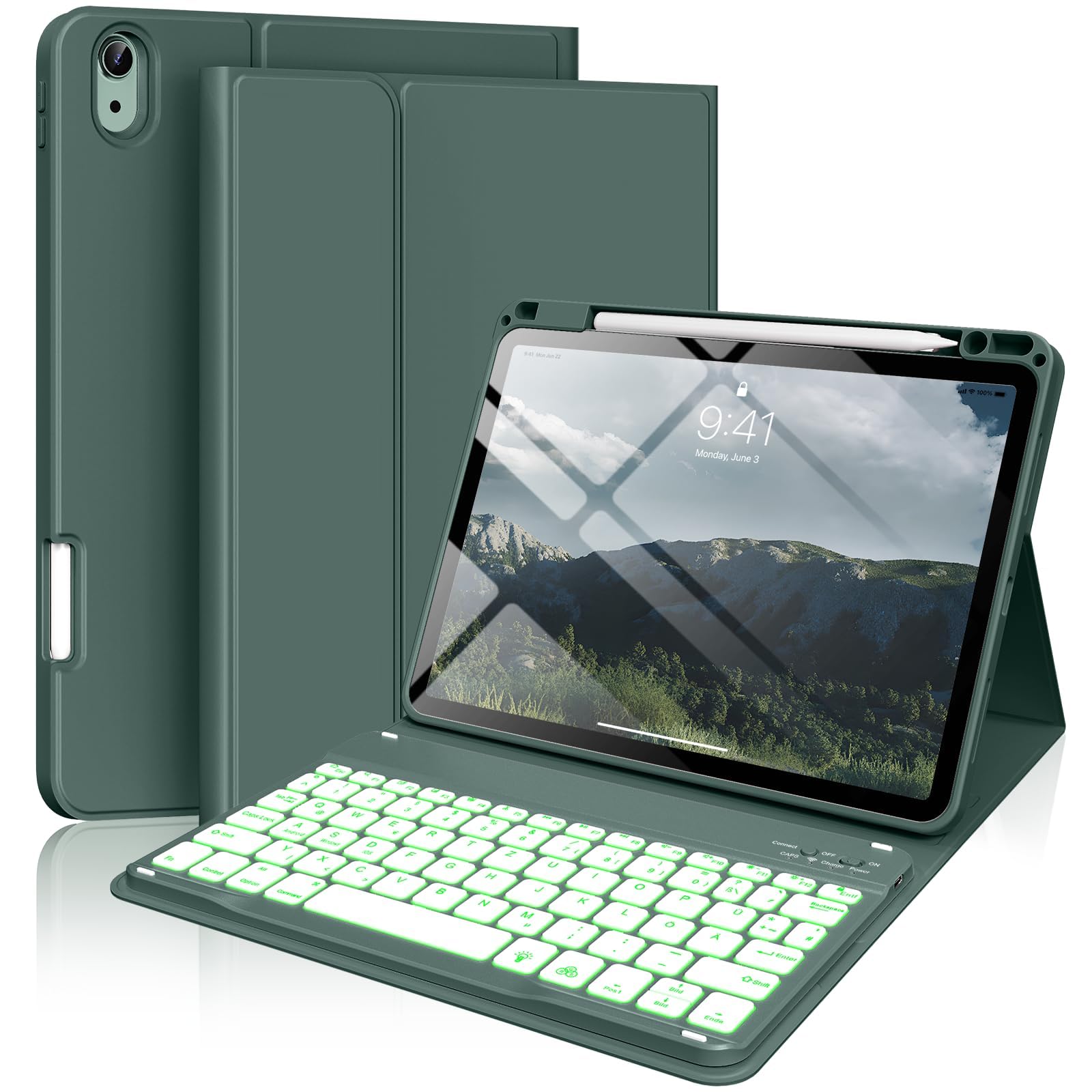SZPSGC Hülle mit Tastatur für iPad Air 11 Zoll (M4/M3/M2, 2026/2025/2024) iPad Air 5/4th 10,9 Zoll, 7 Farben Beleuchtete mit Abnehmbare Tastatur, TPU Rückschale mit Stifthalter, QWERTZ, Dunkelgrün