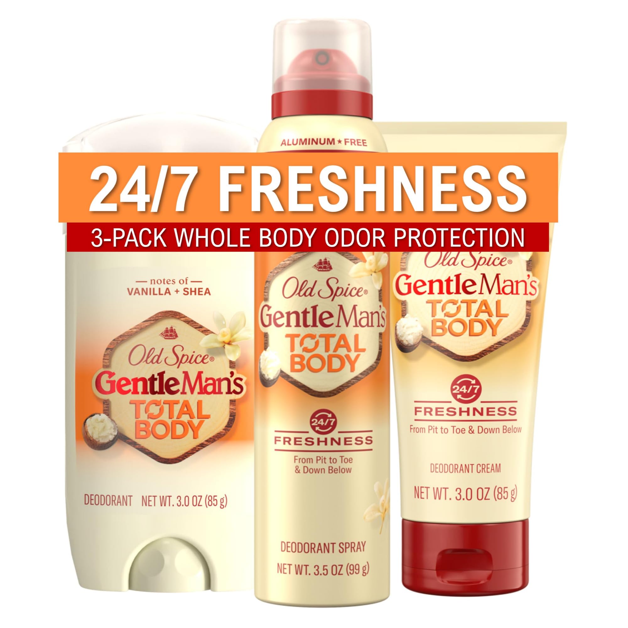 Whole Body Deodorant for Men, Stick, Spray & Cream Bundle, Aluminum Free, Vanilla + Shea Scent, 24/7 Odor Protection & Freshness, Dermatologist Tested, Gentle on Skin, Safe to Use All Over