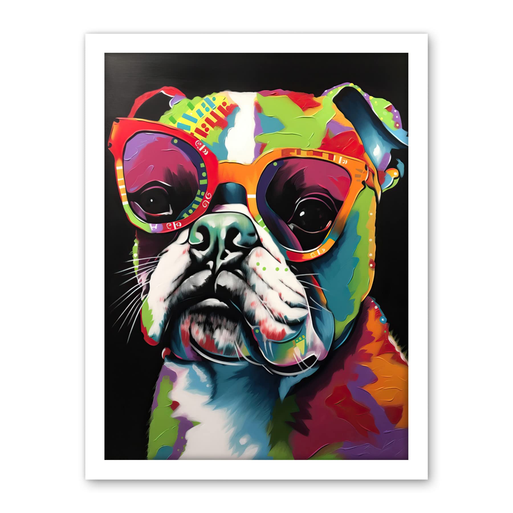 Artery8 Rainbow Colour English Bulldog Puppy in Sunglasses Artwork Framed Wall Art Print 18X24 Inch