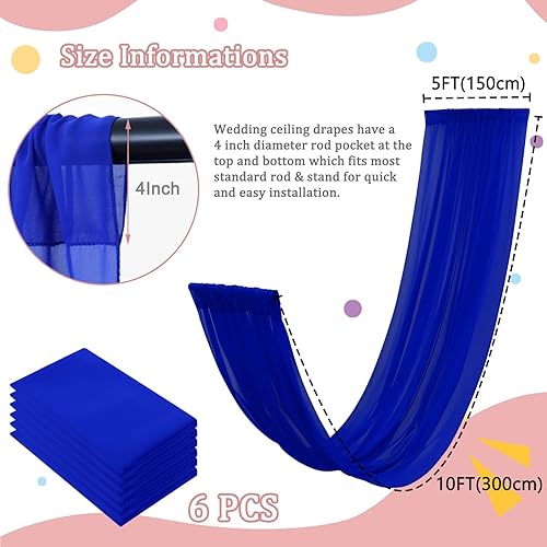 Miniatura 3 de FOTSHARER Cortinas de techo azules para decoración de boda, 5 x 10 pies, 6 paneles de tela de techo, cortinas de arco de boda, cortinas de gasa de