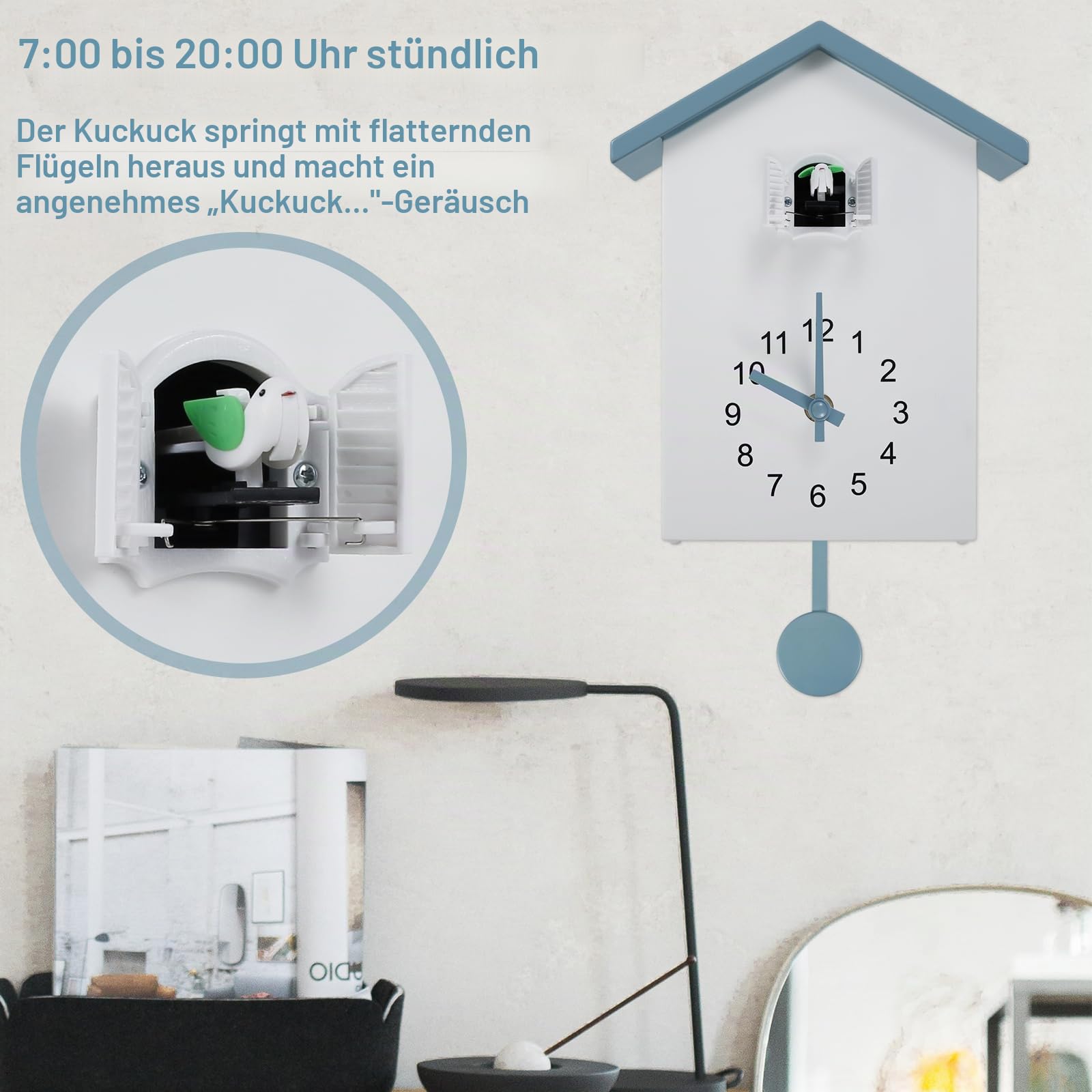 Kuckucksuhr, modern, Kuckucksuhr, zum Aufhängen, Kuckucksuhr mit zartem Pendel und Vogelstimmen, Kuckucksuhr, batteriebetrieben, modische Dekoration für Wohnzimmer, Haus, Büro (Weiß 1)