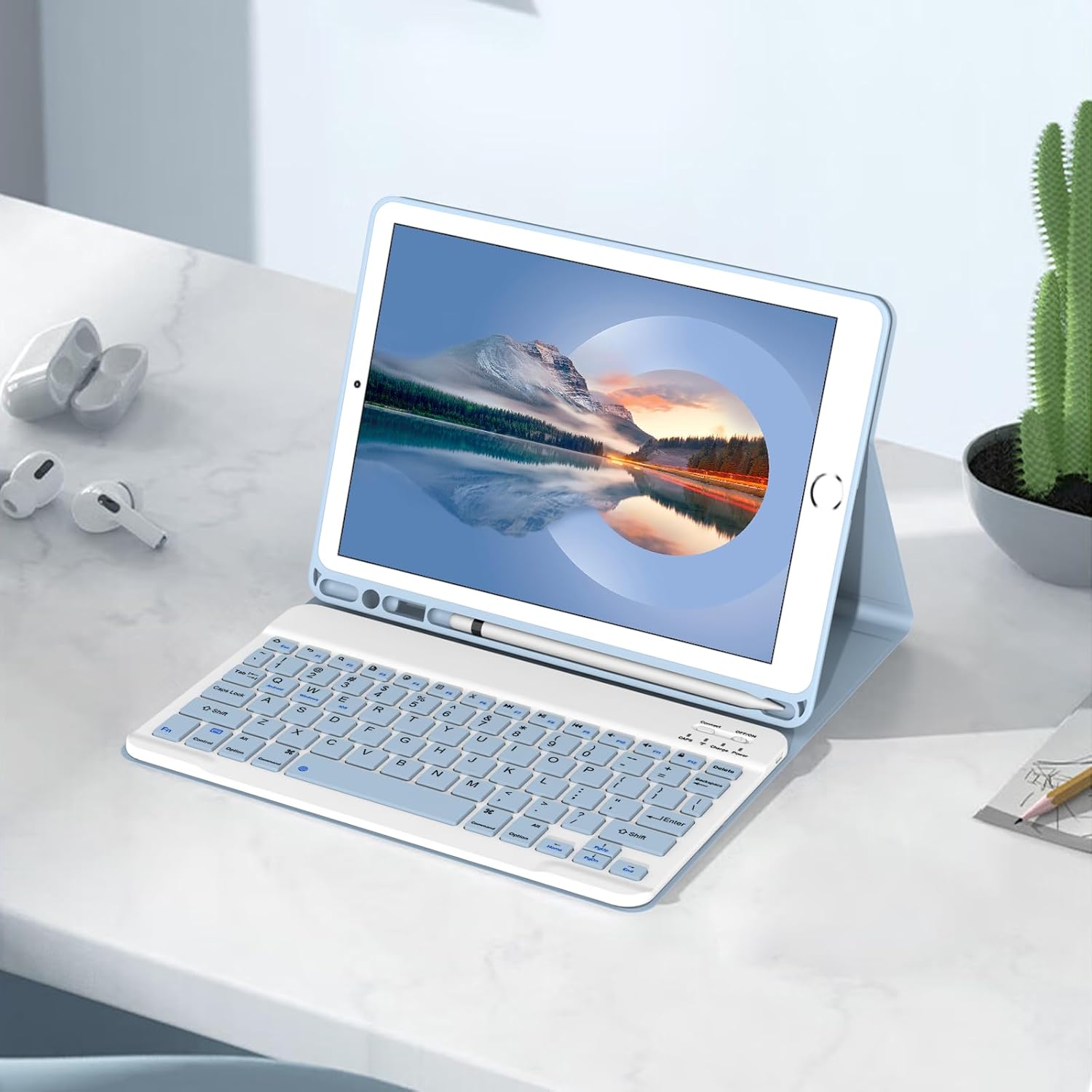 Keyboard Case for iPad 9.7 Inch 2018/2017 6th/5th Generation, Air 2/1 [Magnetic Detachable Wireless Keyboard][Support 3 System] Flip Stand Case with Pencil Holder for iPad 9.7, Light Blue - Image 6