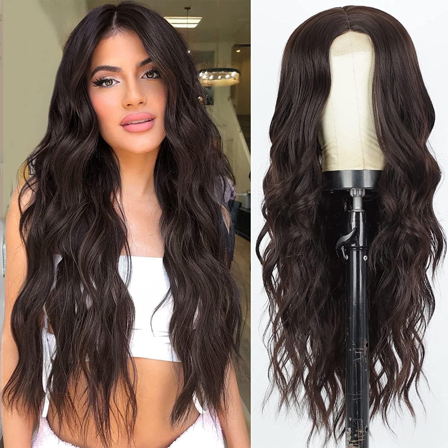 ASSU Long Matte Brown Wigs for Women Wavy/Curly Synthetic With Middle Part Full Head Wigs-image-39