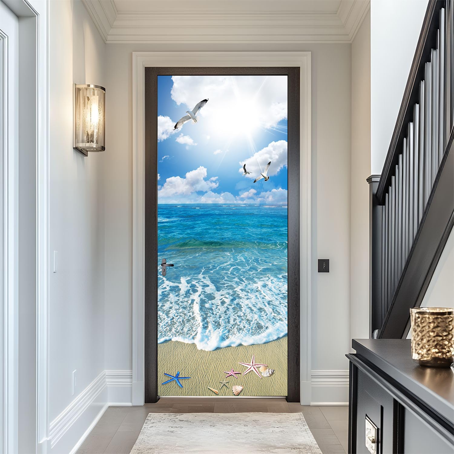 FLFK Peel and Stick Door Sticker 77x200cm-3D Sunshine Ocean Beach Self-Adhesive Door Mural Poster Photo Wallpaper for Bedroom Office Decor(2Pcs/Set)