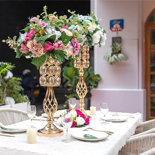 Miniatura 5 de Juego de 10 jarrones de metal de cristal para mesa de boda, de 20 pulgadas, jarrones de flores de trompeta plateados, soportes para boda, fiesta,