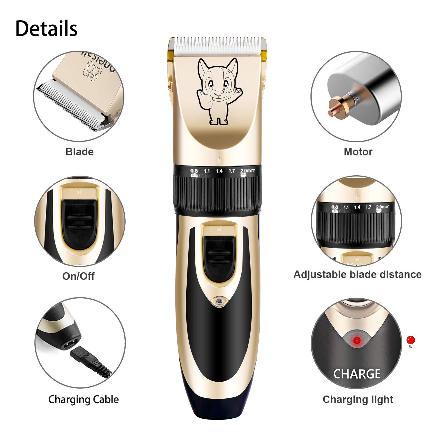 Highdas Dog Grooming Kit Clippers, Low Noise, Electric Quiet, Rechargeable, Cordless, Pet Hair Thick Coats Clippers Trimmers Set, Suitable for Dogs, Cats, and Other Pets (Gold) - image 6