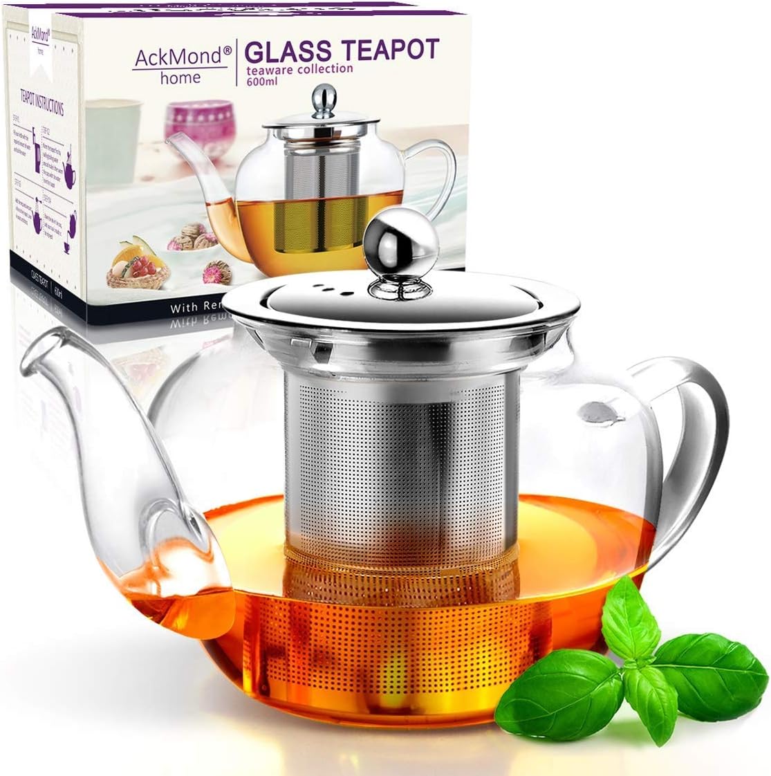 AckMond 20 Ounce / 600 Milliliter Clear Glass Teapot in Apple Shape with Heat Resistant Stainless Steel Infuser