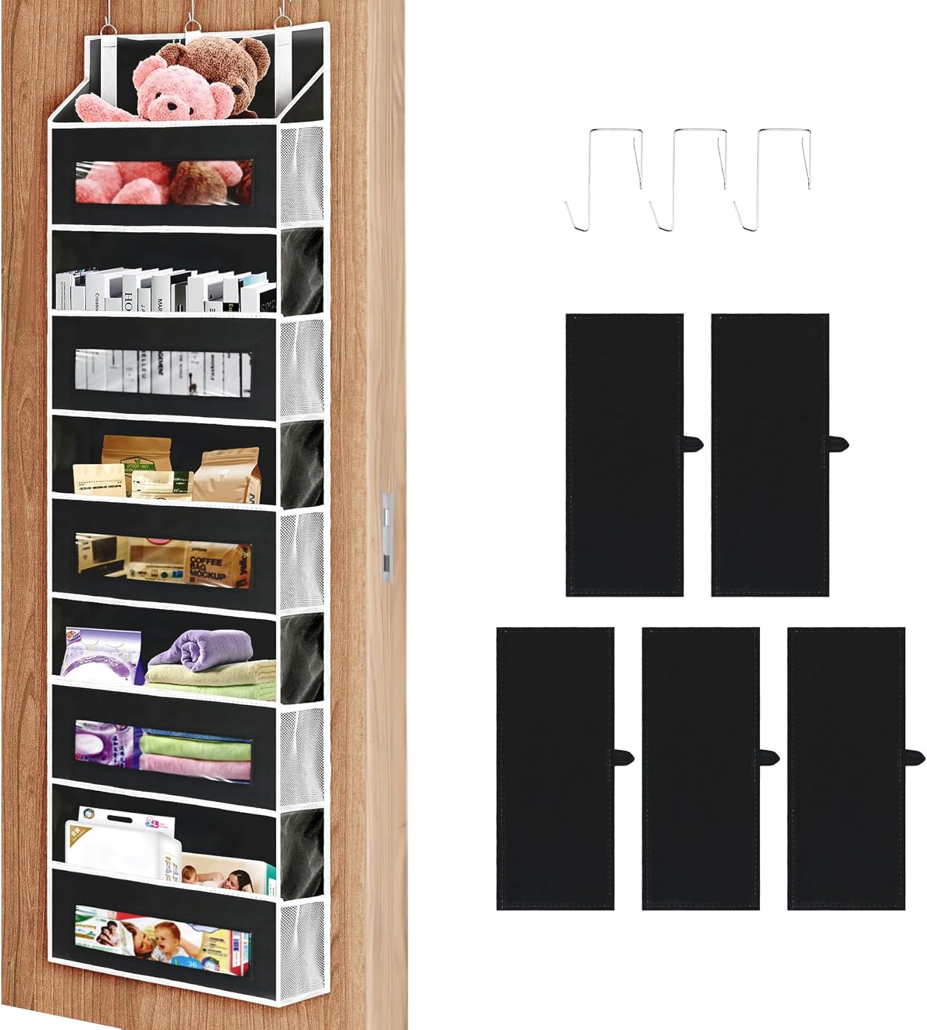 3 Packs 5-Tier Over the Door Storage Organizer with 10 Side Mesh Pockets, 48 lbs Load Capacity, 3 Hooks Design, Hanging Organizer with Clear Windows for Bathroom, Bedroom, Nursery, Kitchen-Grey