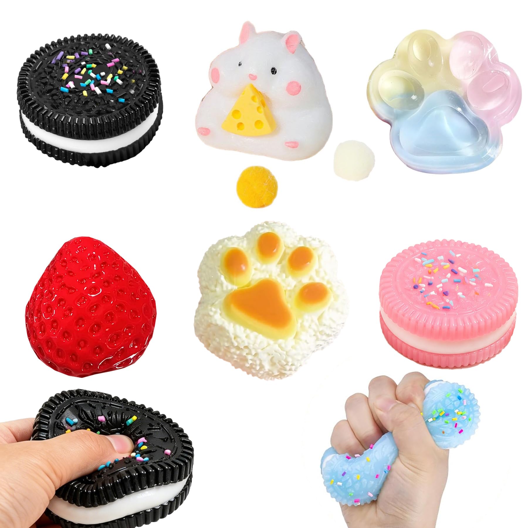 BAIYSFFG 6PCS Taba Squishy Toys Kit,Fufu Squishy Squeeze Toy Squishes Set,Strawberry,Hamster,Cat Paw,Hamster,Mochi Squishy Viscuits Squeeze Toys for Stress Relief Sensory Play Fidget Gifts for Adult