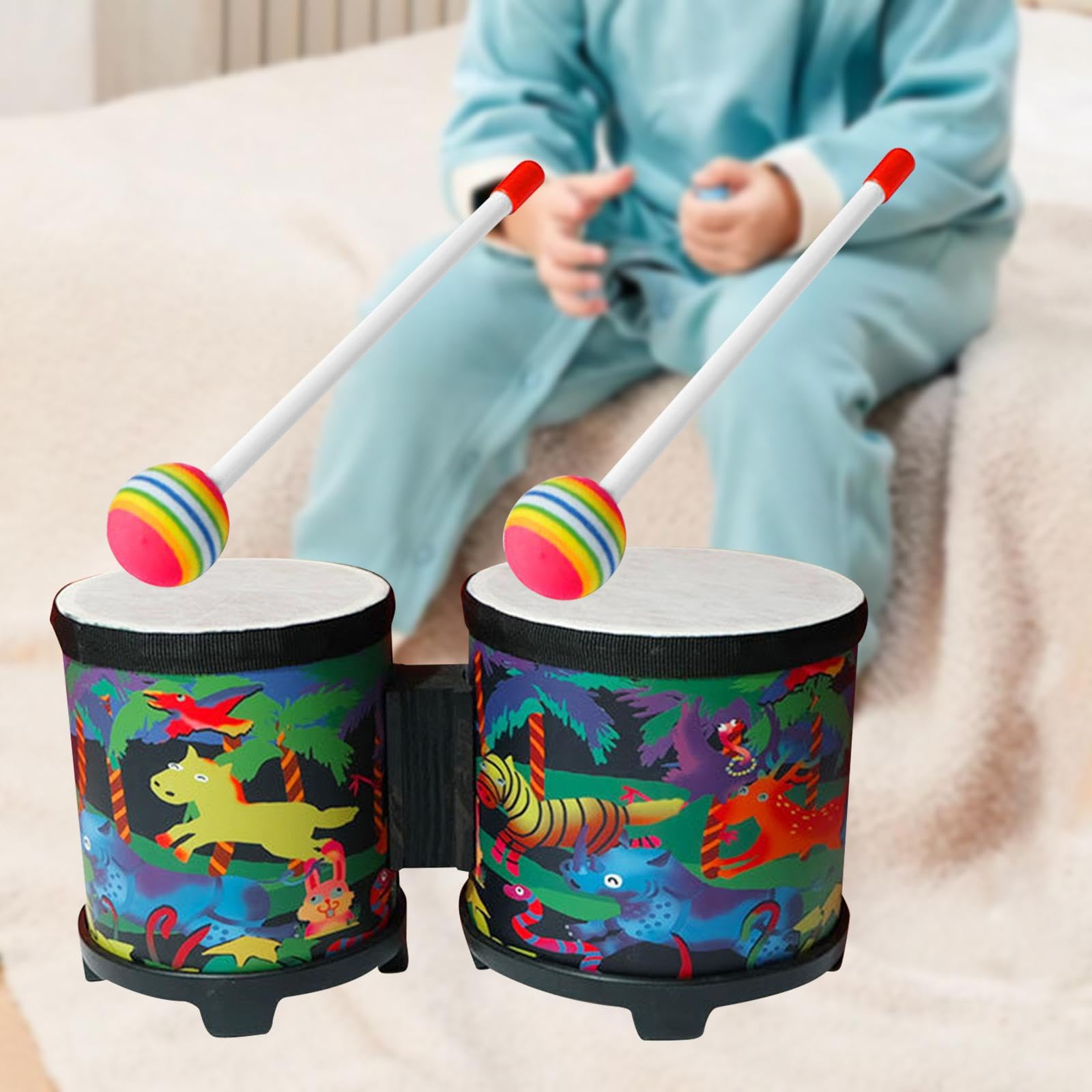 Perfeclan Üben Sie Bongos-Musik-Erleuchtungs-Trommel-Schlaginstrument-pädagogisches Spielzeug 5'' und 6'' Bongo-Trommel-Set für Profis, Tier