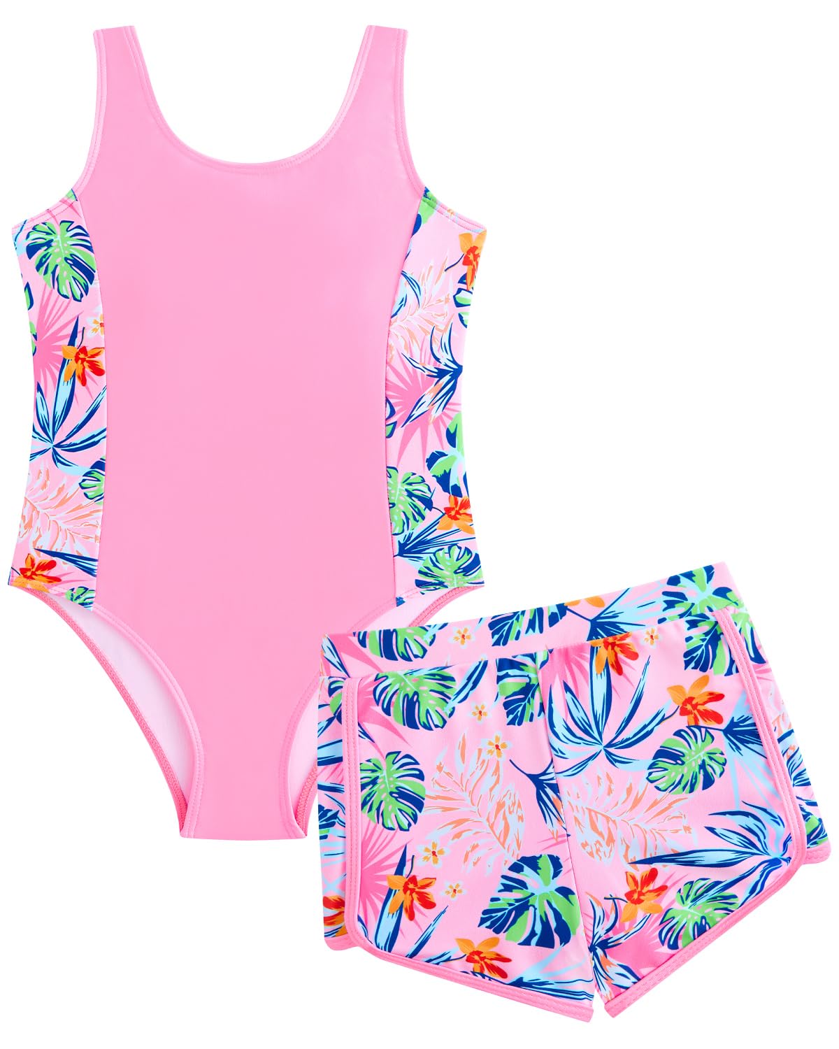 WYTbaby Traje de baño de una pieza sin mangas con pantalones cortos con estampado tropical para niñas de 7 a 14 años