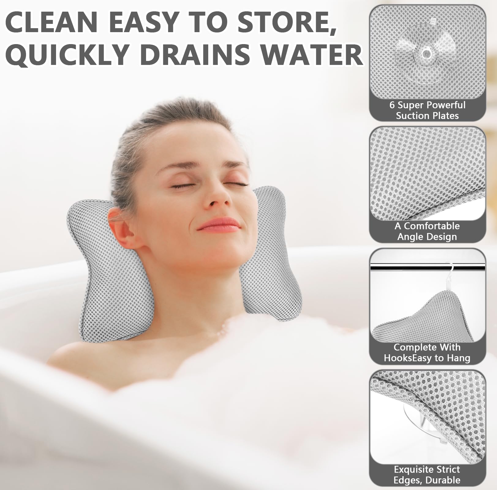 Collazoey Almohada Bañera,Malla 4D Almohada de Baño,con 2 ventosas fuertes, para una sujeción firme,Almohada ergonómica para bañera de hidromasaje,Almohada para una relajación óptima del Cuello (Gris)