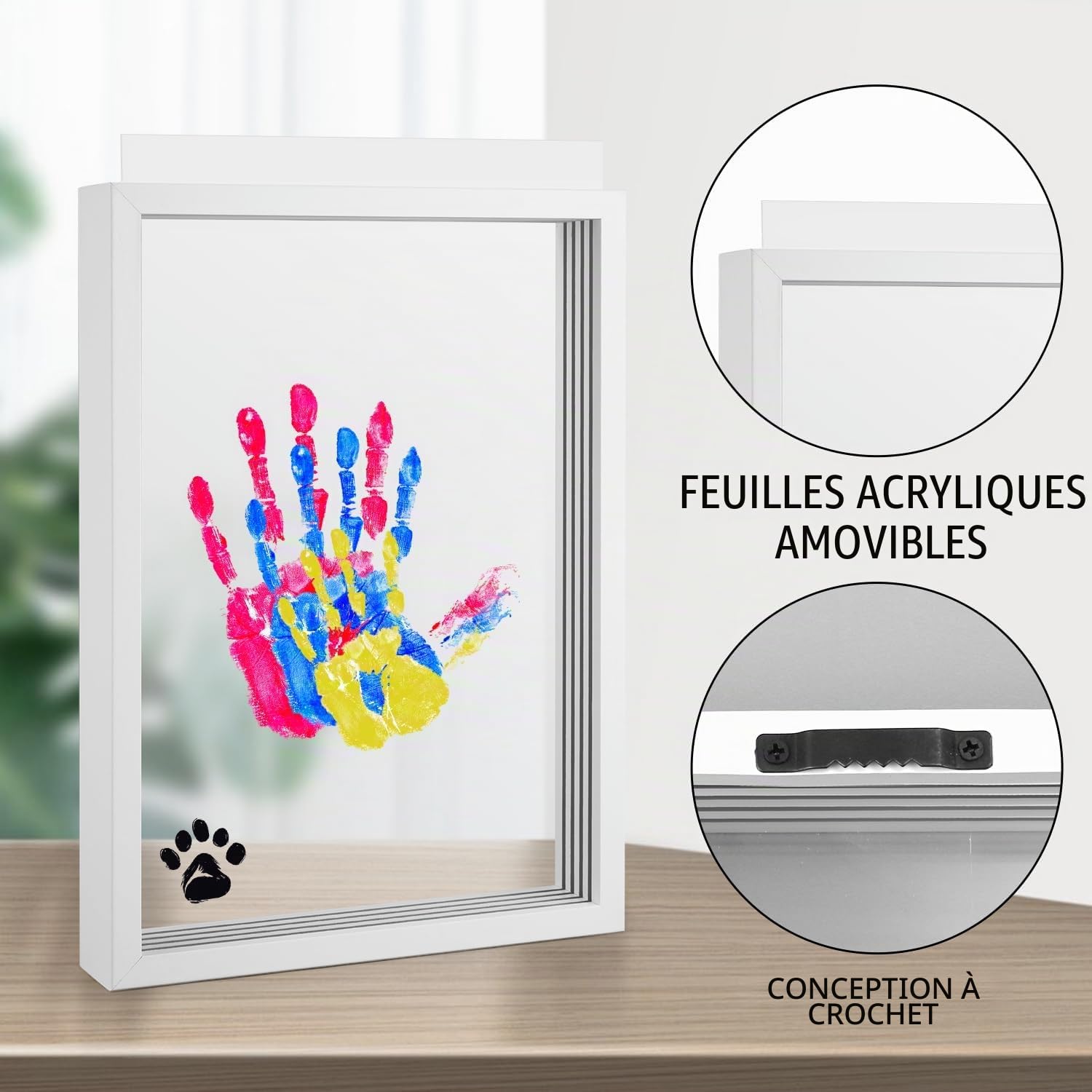 Auauraintt Kit d'Empreintes de Mains Familiales, Cadre en Bois Souvenir Artisanal, Coffret Cadeau, Peintures Non Toxiques, Feuilles Transparentes,Cadeaux pour parents et futurs parents (Blanc)