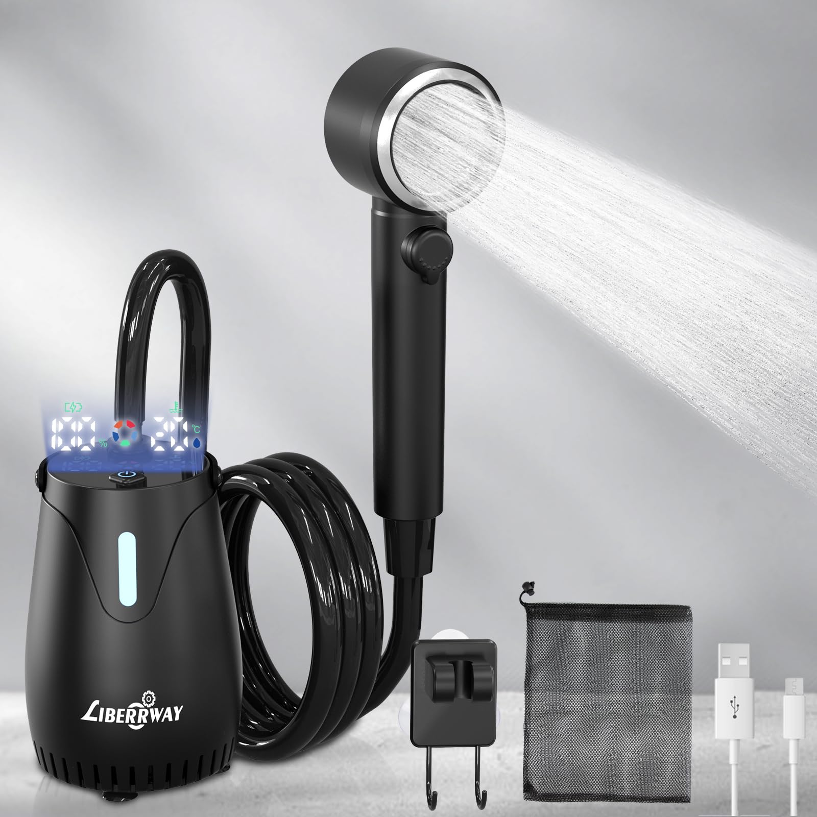 LIBERRWAY Campingdusche mit Akku & Pumpe, 8000mAh, bis zu 3h Outdoor Dusche, IPX8 Tauchpumpe, Camping Dusche mit Temperatur-/Akkuanzeige, 5 Stufen, Duschkopf, 2m Schlauch für Garten, Hund, Auto