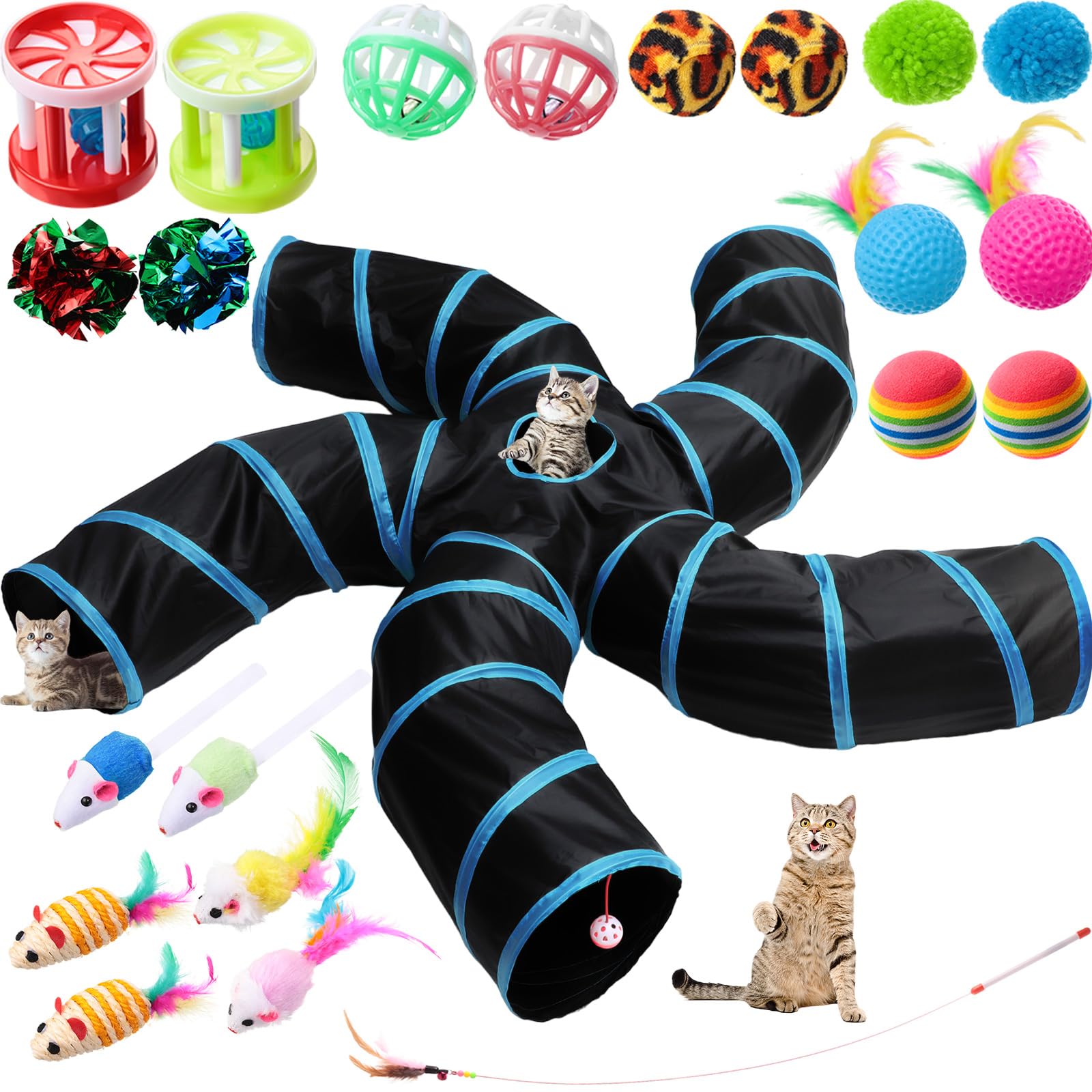 Poen Juego de 21 juguetes para gatos con túnel plegable de 5 vías para gatos de interior y 20 juguetes para gatitos, juguete interactivo de plumas para gatos, bolas arrugadas, tubo grande para gatos