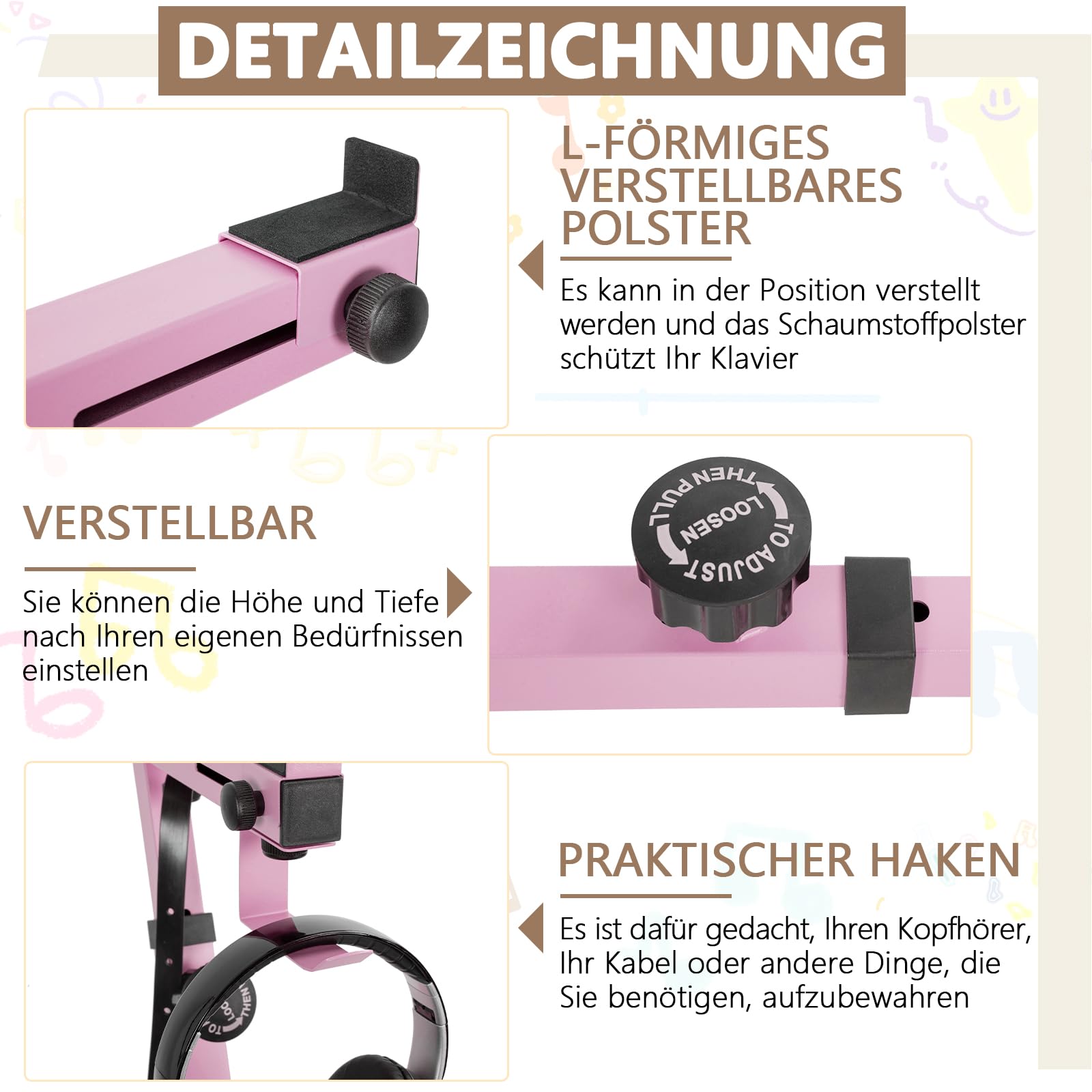 OUUTMEE Soporte para teclado, ruedas, soporte para teclado, forma de Z, ajustable, con riel deslizante, fácil de usar (Z-Rosa) | Con ruedas, fácil de usar, rango de altura: 55 – 87 cm, con soporte para auriculares, adecuado para ejercicios y actuaciones