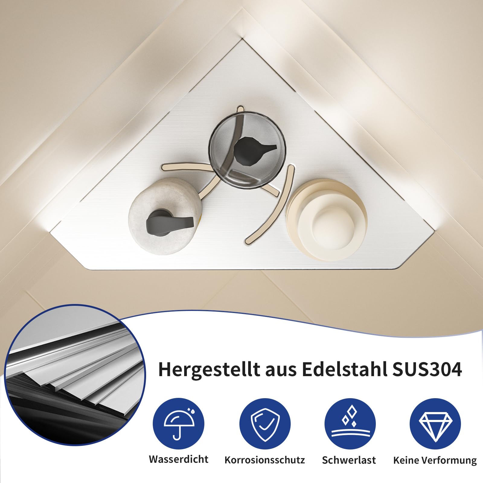 Duschablage 304 Edelstah,Duschregal Ecke,Gebürstet,1 Stück | 3 mm Stärke Pentagonal Eckregal Ohne Bohren,Badezimmer-Duschregal Duschablage für Sanierung & Neubau