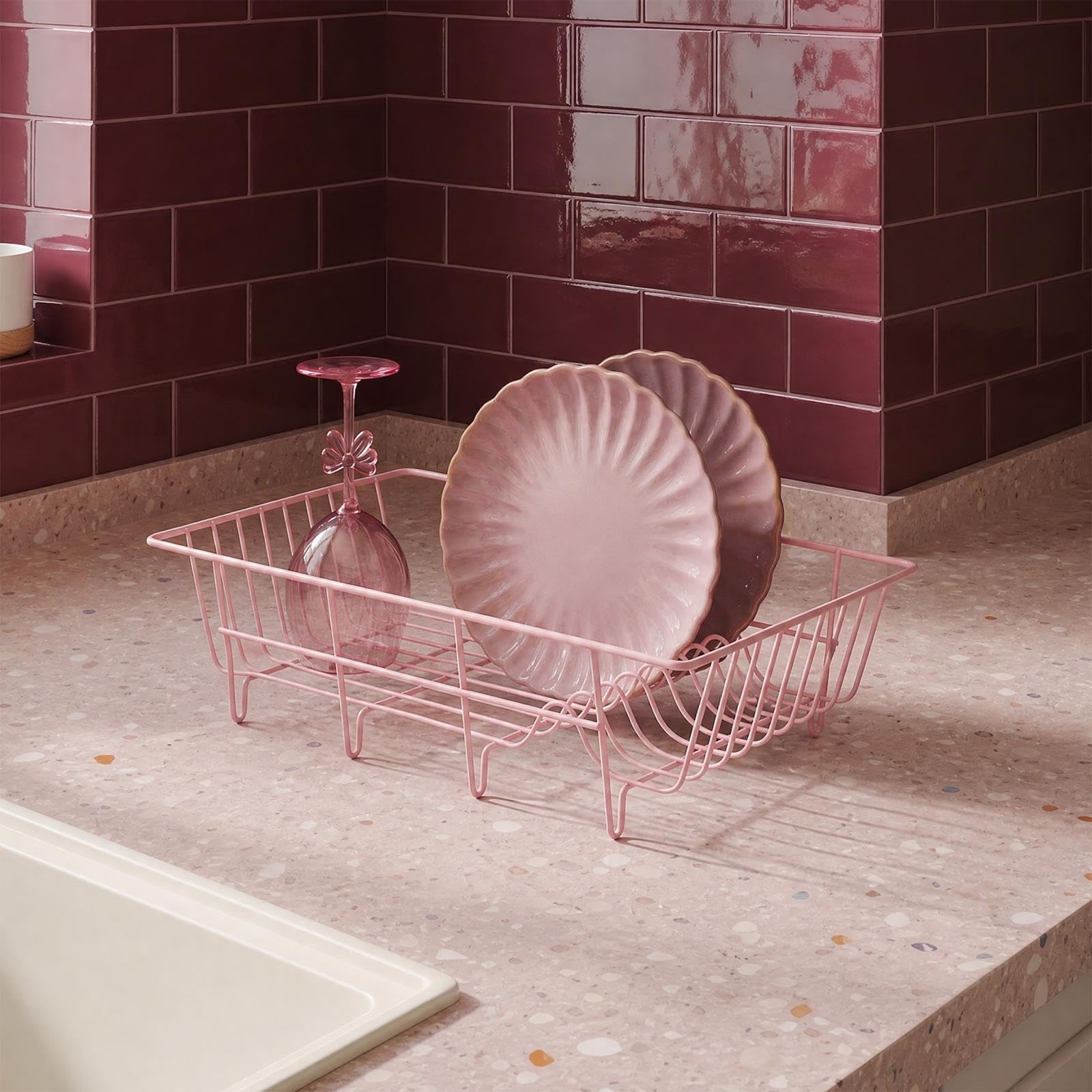 OHS Dish Drainer Rack Metal Wire Sink Drainer Drying Rack Kitchen, Pink