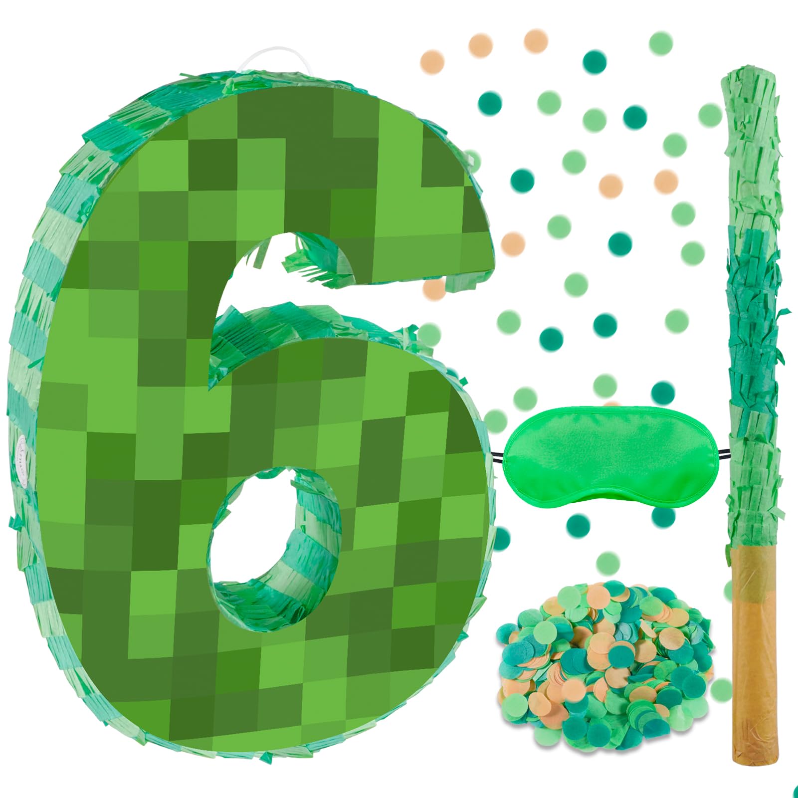 16 Inch Pixel Number 6 Pinata, Birthday Pinata with 16 Inch Piñata Stick Blindfold Confetti for Kids 6th Birthday Party Decorations(6th)