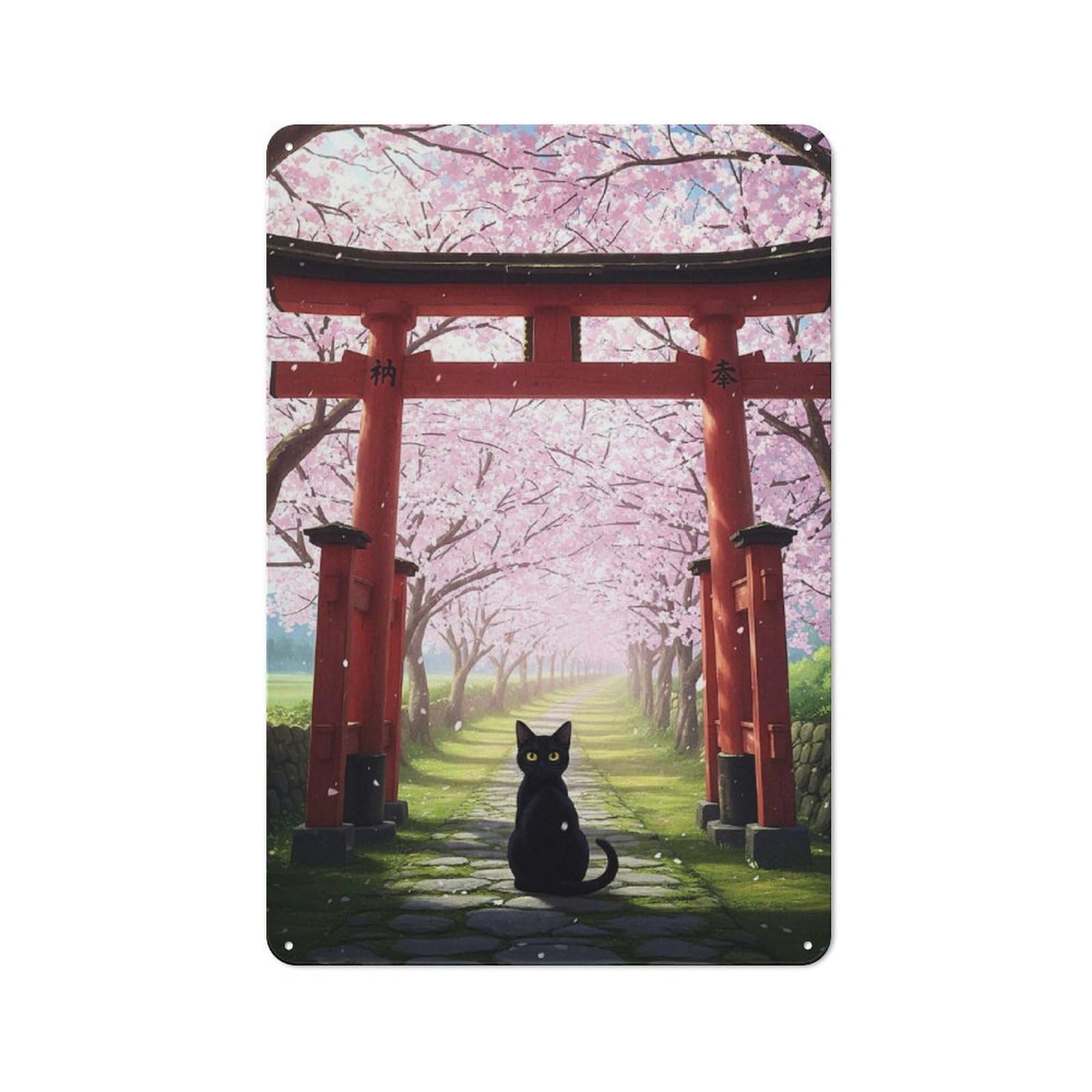 Junmoney Style-6 Warehouse Style Tin Wall Sign 30X20cm Featuring Black Cat Under Cherry Blossom Torii, Loft Wall Plaque For Loft, Studio, Office Or Creative Room