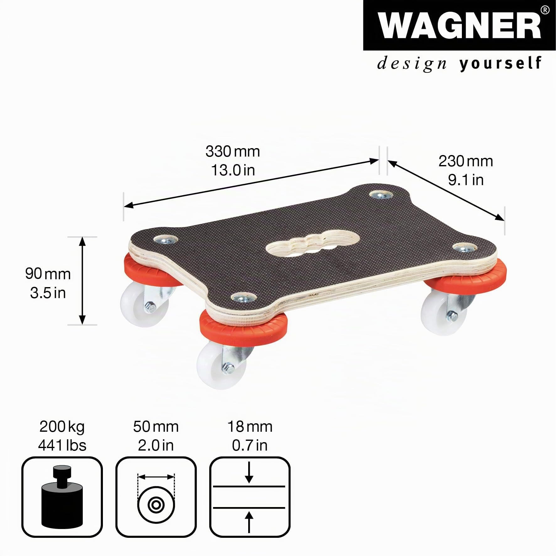 WAGNER Transportroller Transporthilfe 1355 I Schichtholz mit Grip I 33 x 23 x 9 cm, Tragkraft 200 kg I Umzugsrollbrett für Möbel I Möbelroller für Umzüge Umgebung Schutzprotektoren I FSC® I Made in DE