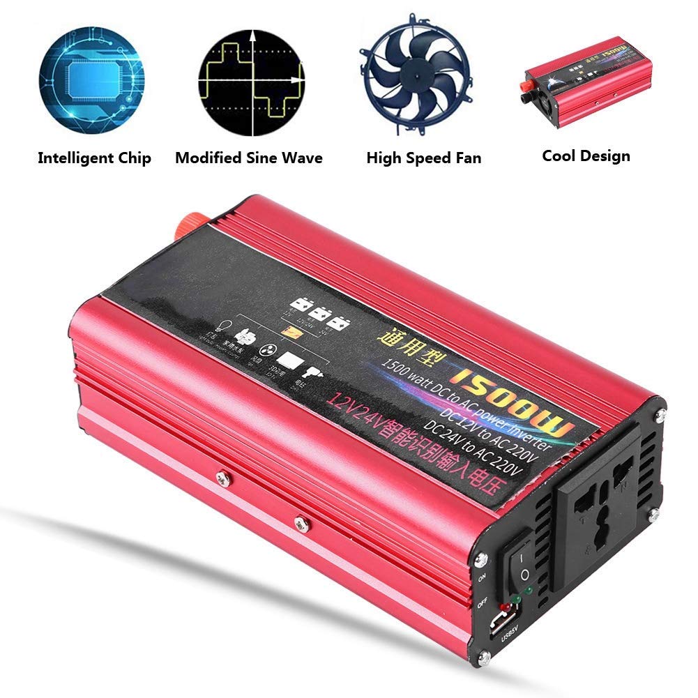 Invertidor de Potencia de Coche de 1500W, Cargador USB, Adaptador de Onda Modificada, 12V/24V a AC