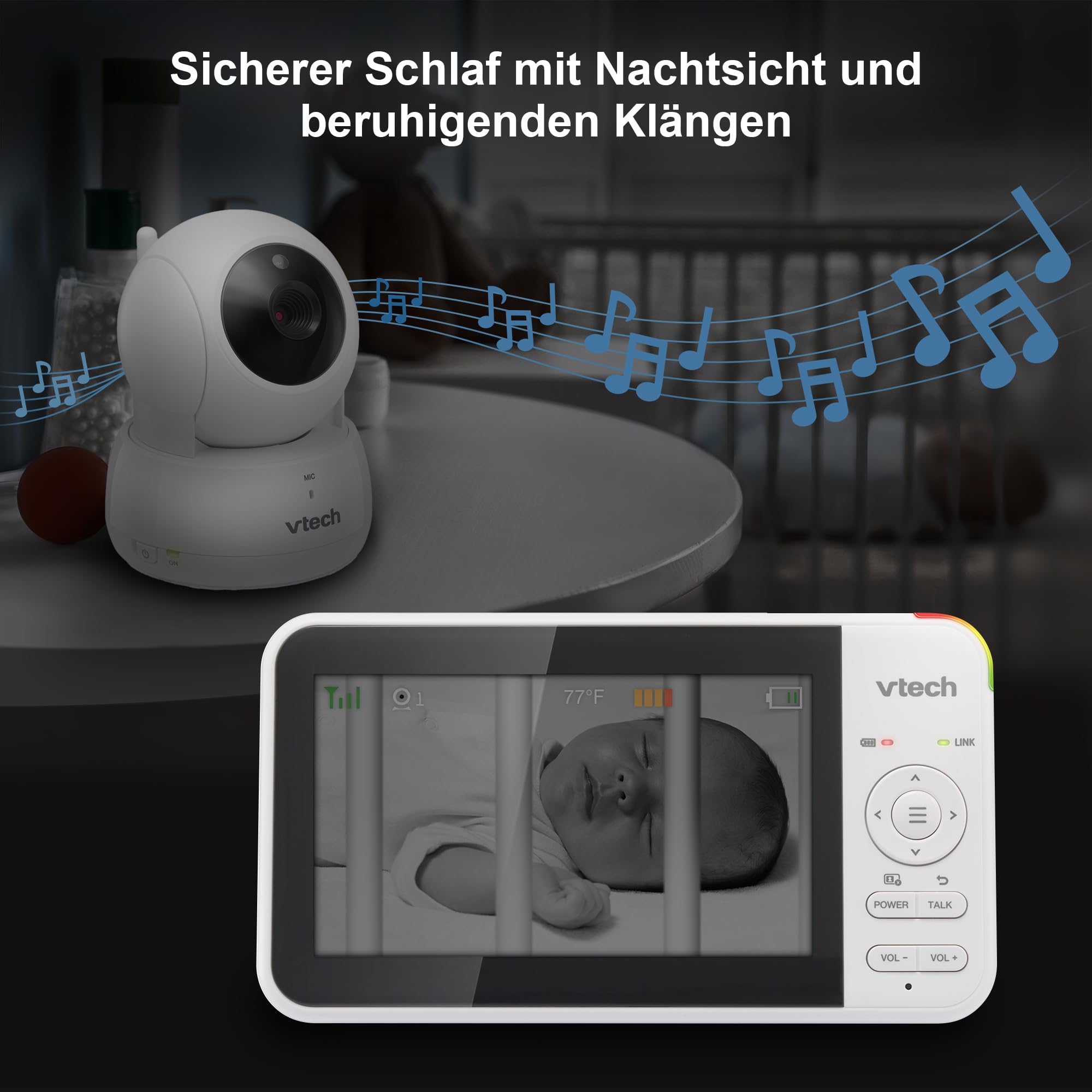 VTech VM924 Video Babymonitor mit Kamera, 5" LCD-Display, Lange Akkulaufzeit, Nachtsicht, 300 Meter Reichweite, Pan&Tilt&Zoom, Lullaby, Beruhigende Geräusche, Temperatursensor