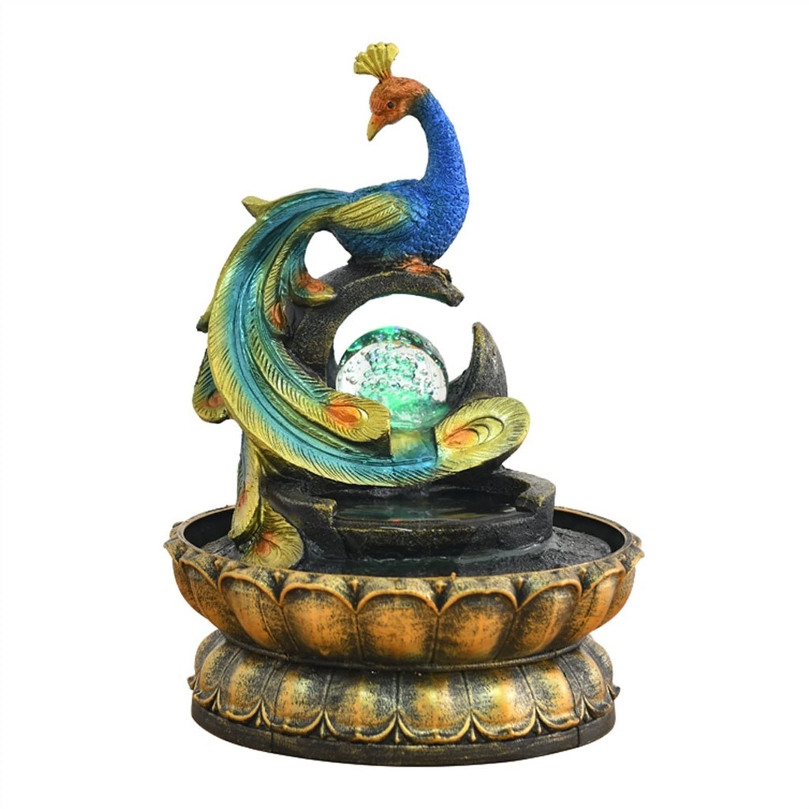 KIZQYN Indoor Water Fountains Creative Chinese Peacock Shape Fountain Home Feng Shui Ball Dining Table Office Desktop Flowing Water Feng Shui Ornament Tabletop Water Fountain