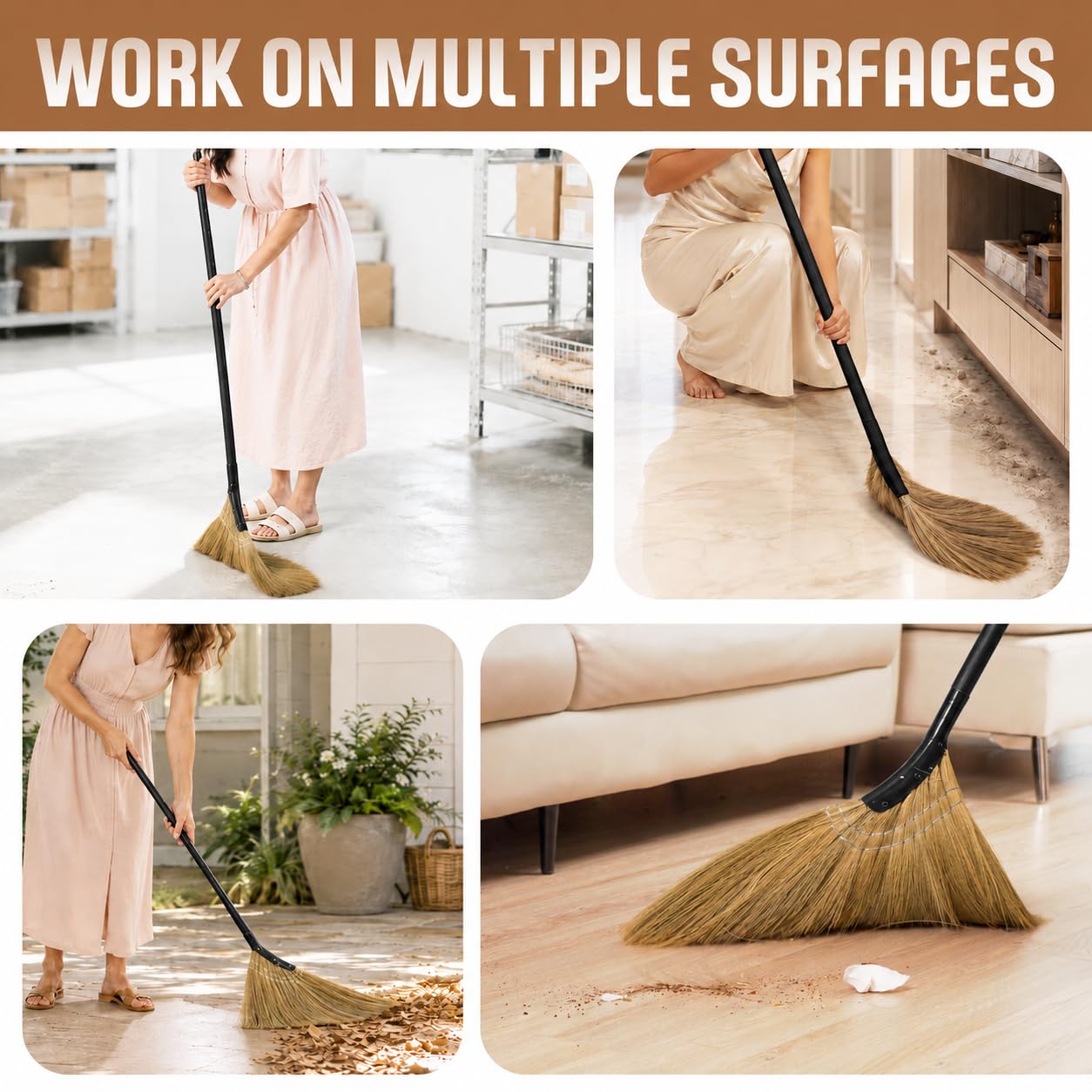 Vietnamesischer Strohbesen – Indoor-Grasbesen – Kehrhand mit schwarzem langem Griff, Besen für Haus, Garage, Büro, Lobbyraum, Küche mit 144 cm Länge