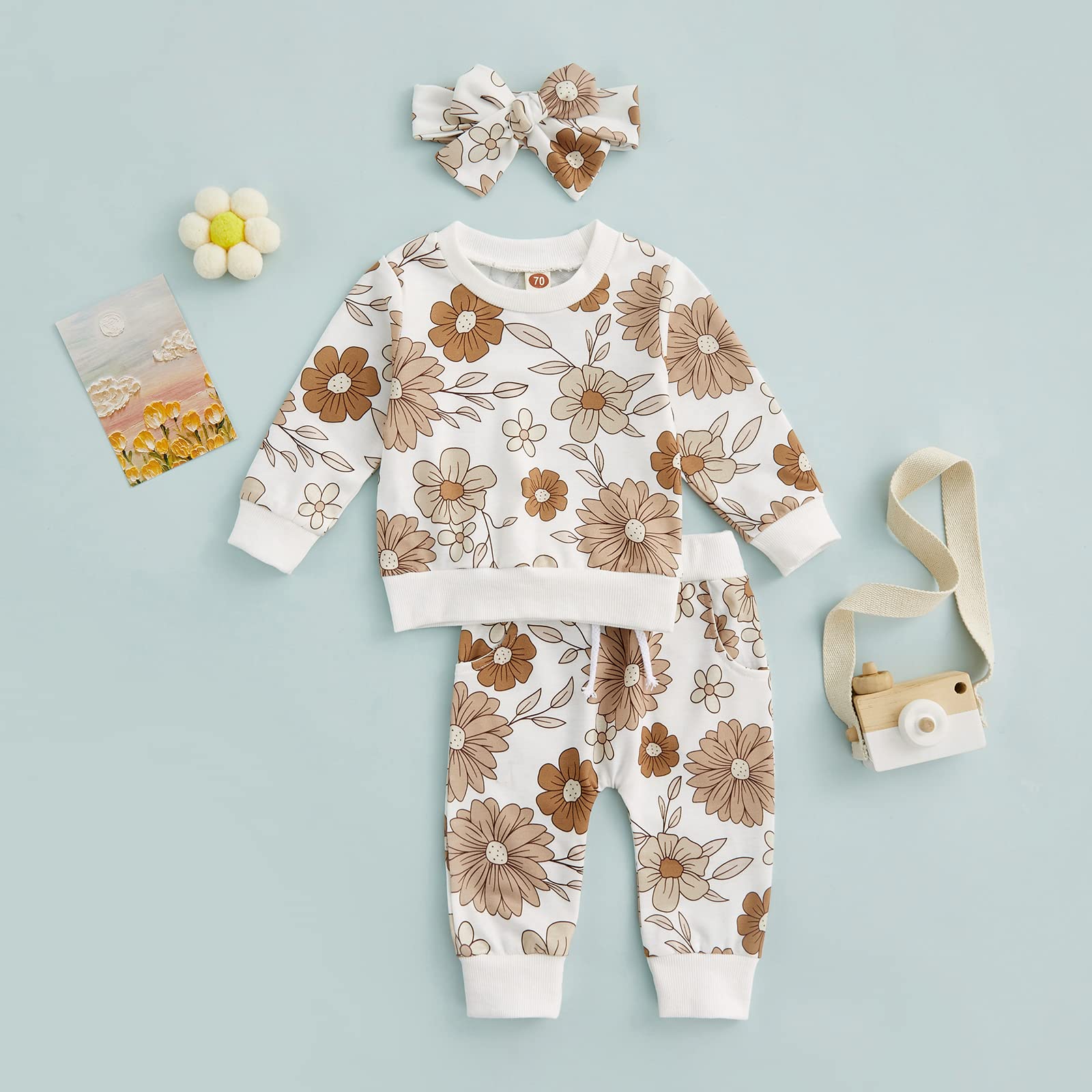 Conjunto de 3 piezas para bebé niña, sudadera con margaritas + pantalones + diadema, ropa de otoño e invierno