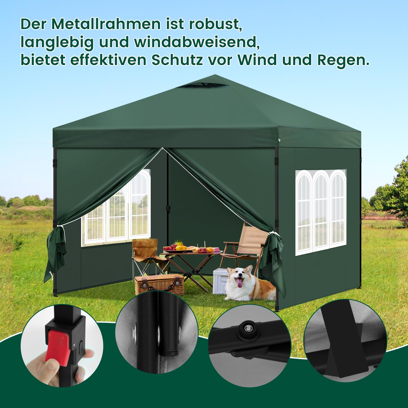 Laneetal Pavillon 3x3 m, Faltpavillon mit Seitenwänden, wasserfest stabil Winterfest, Outdoor Gartenpavillon, Partyzelt Gartenzelt, höhenverstellbar, UV Schutz, Metallrahmen,Grün