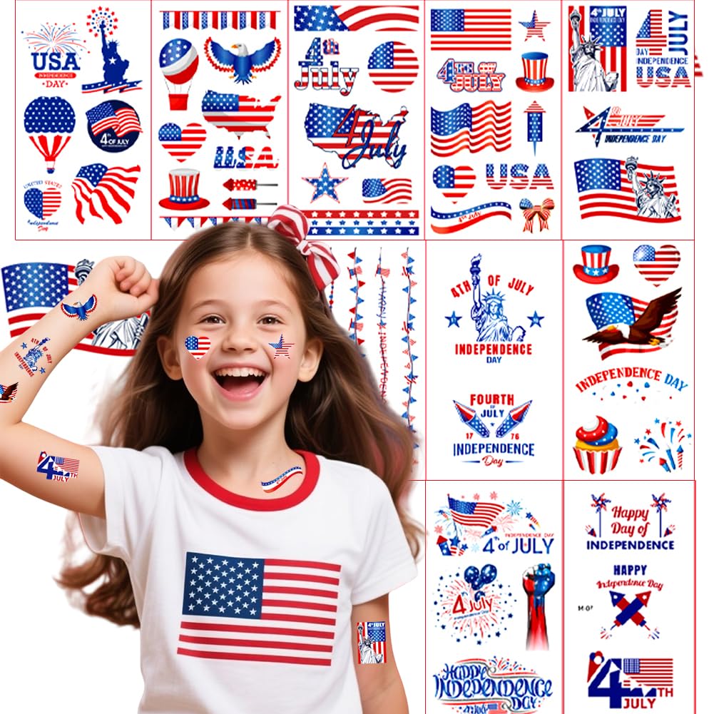 4th of July Temporary Tattoos, 10 Sheets July 4 American Flag Stickers Red White and Blue USA Flag Patriotic Decorations, Independence Day Party Supplies for Memorial Day, Labor Day Decor