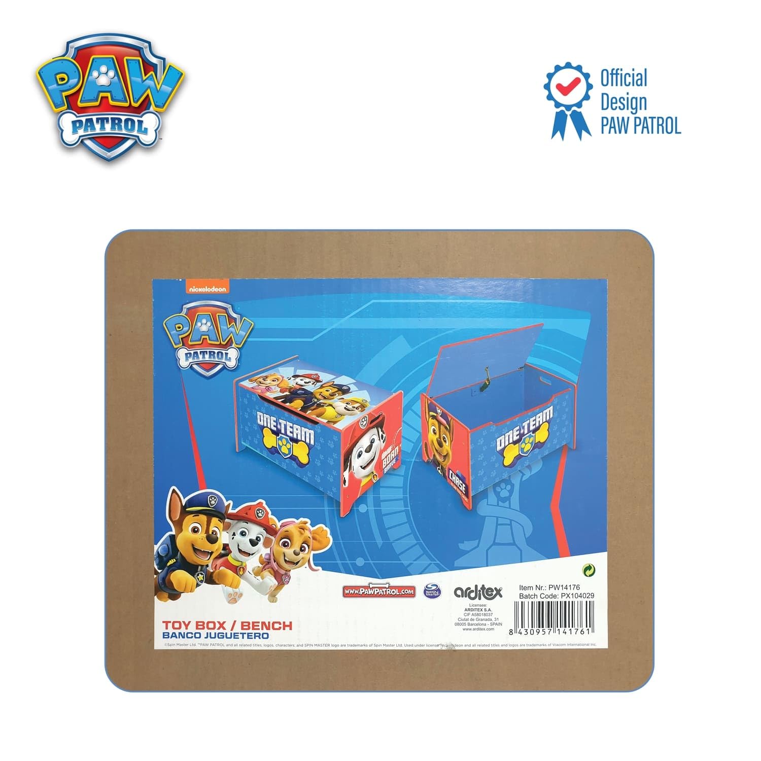ARDITEX - Banco juguetero de madera de La Patrulla Canina (de Nickelodeon) - 62.5x40x37cm - Color azul - Ideal para almacenar juguetes, ropa o cosas en un dormitorio infantil