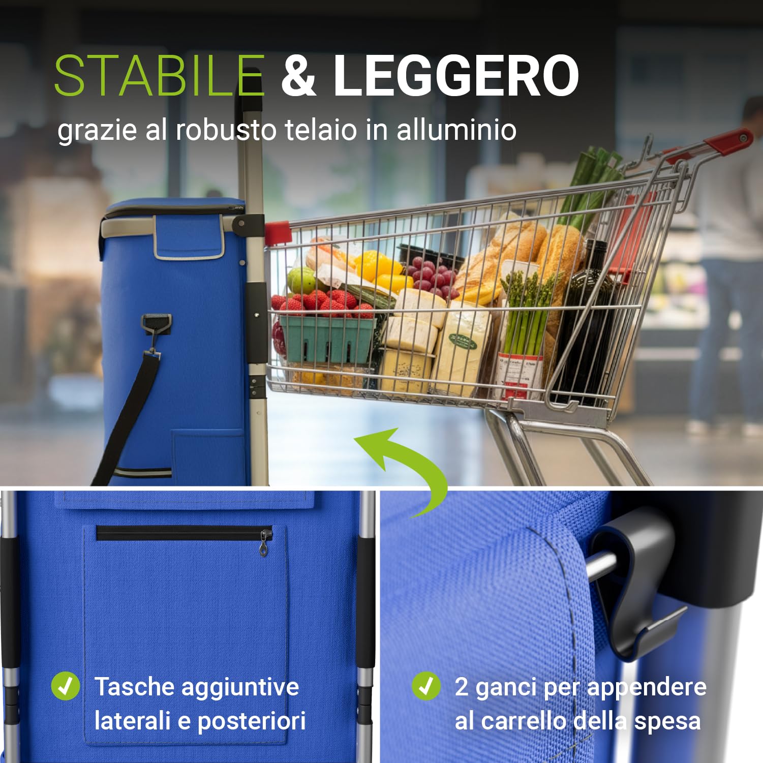 Juskys Trolley per la spesa 3 in 1 per scale – 56 l moderno e pieghevole – Trolley per salire le scale – Carrello e borsa – Trolli blu scuro
