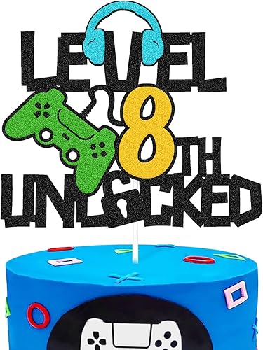 Miniatura 2 de Decoración de pastel desbloqueada de nivel 8, decoración de pastel de feliz cumpleaños 8, controlador de videojuegos, tema de juego, suministros