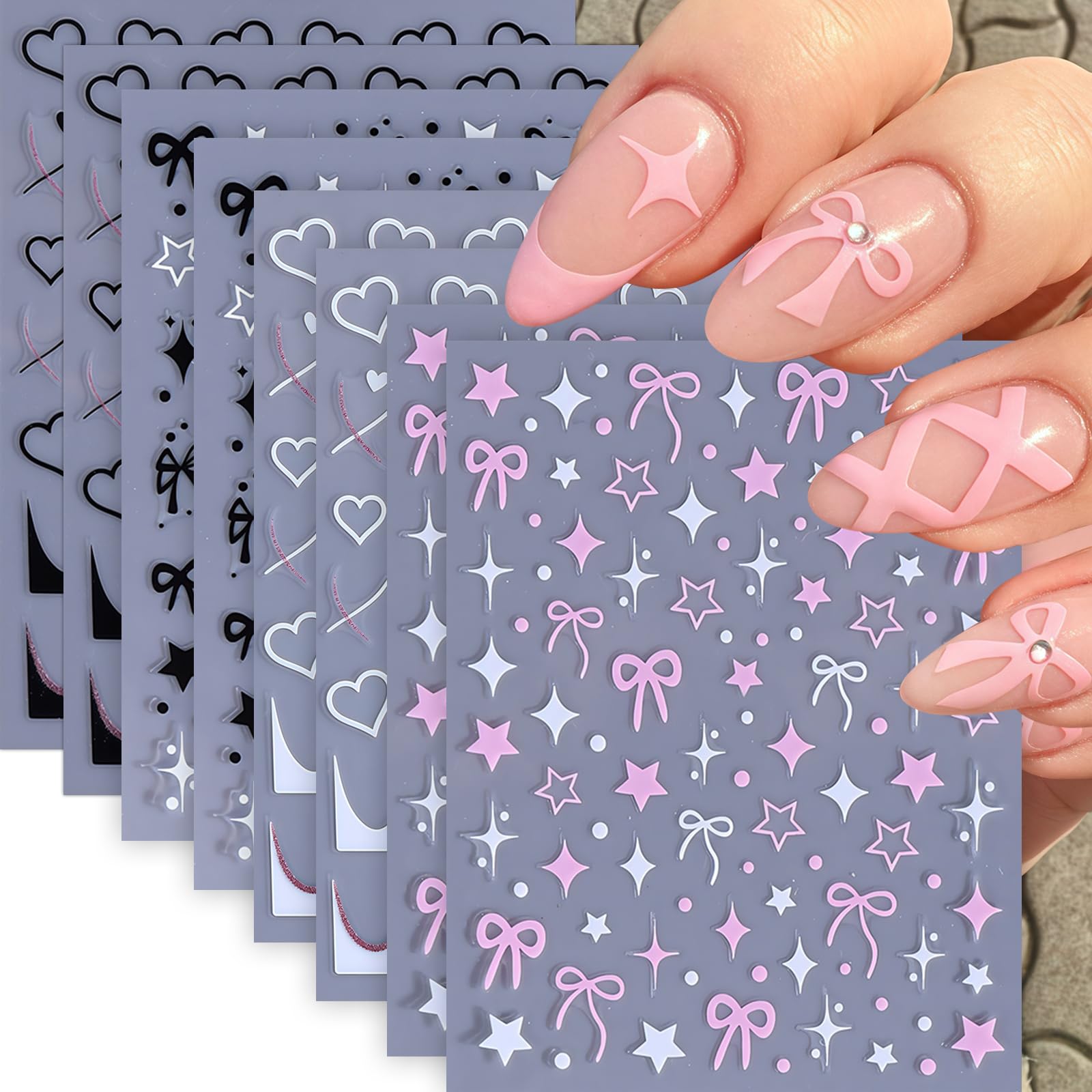 8 Sheets Heart Bow Star Nail Stickers for Nail Art 3D Self-Adhesive Black Pink White Cute Bow Nail Design Hollow Out Hearts Stars Nail Art Supplies