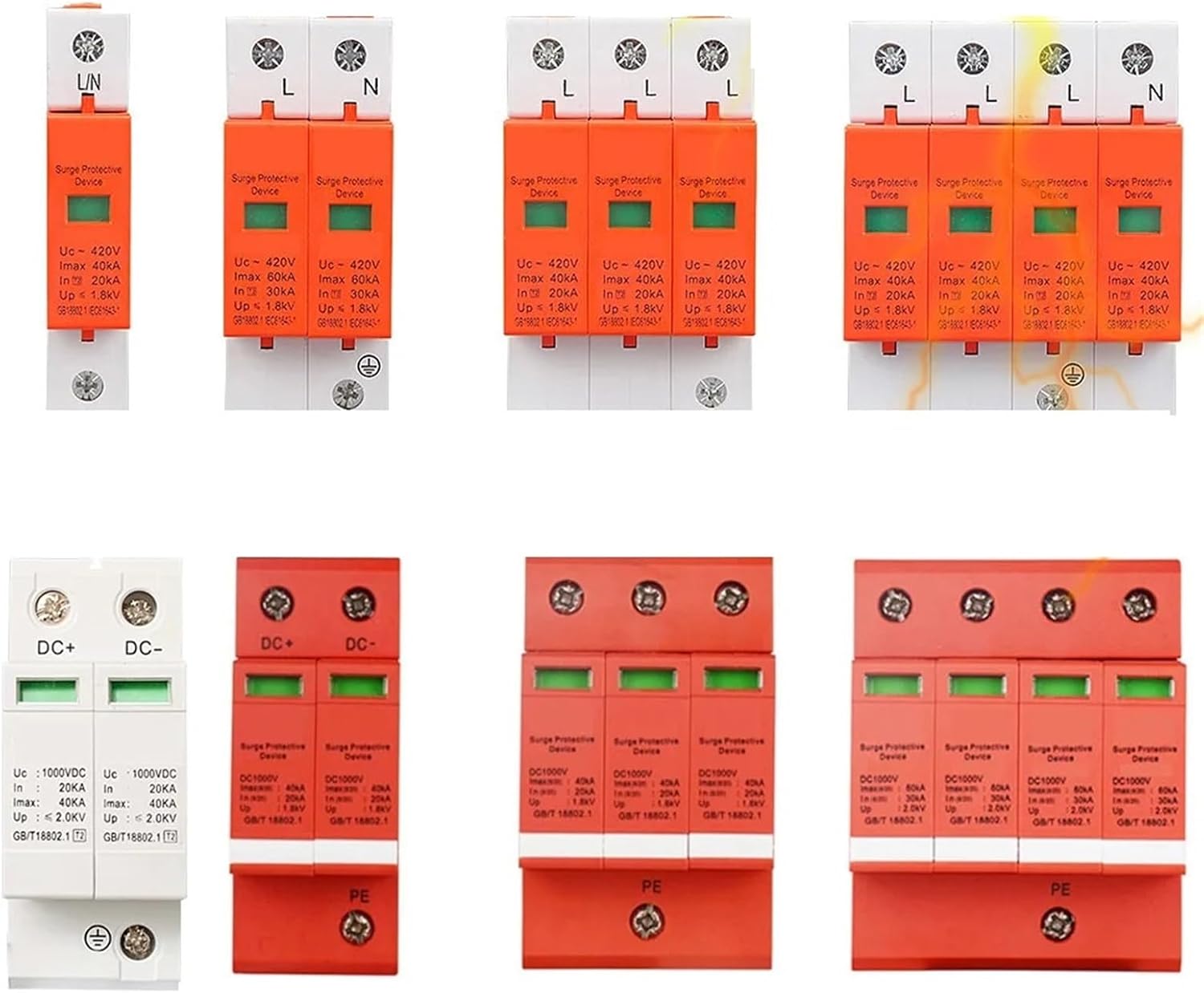 Power Surge Protector Surge Protective Device SPD Arrester Low Voltage House 1/2/3/4 Pole Surge Voltage Protection 1000a 4p 40KA(4P,DC1000V 20-40KA)