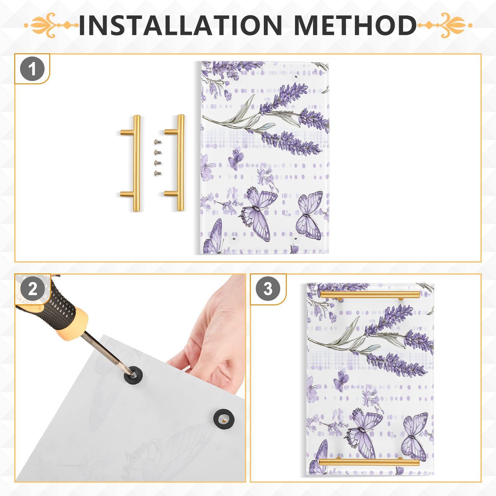 GUIJI Lavender & Butterflies Acrylic Tray, Perfume Cosmetic Jewelry Decorative Trays Bathtub Organizer, Living Room Kitchen Serving Tray with Gold Handles